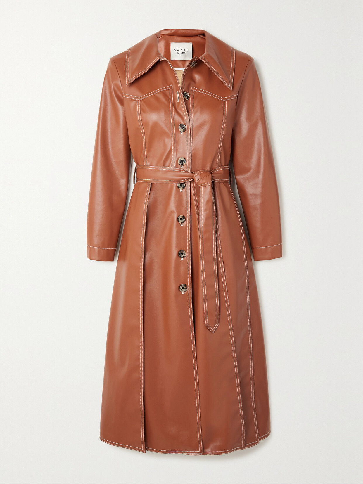 A.W.A.K.E. MODE - Belted Faux Leather Trench Coat - Red