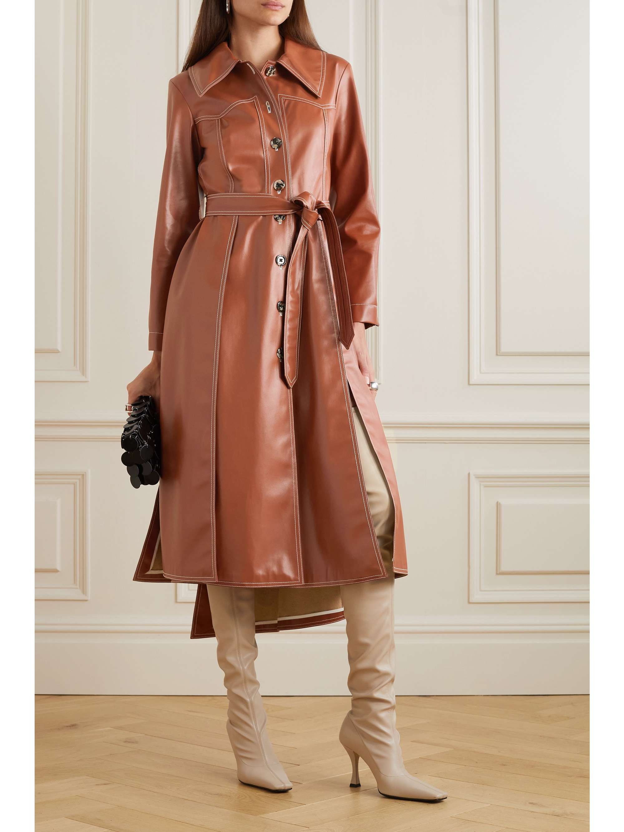 Belted faux leather trench coat