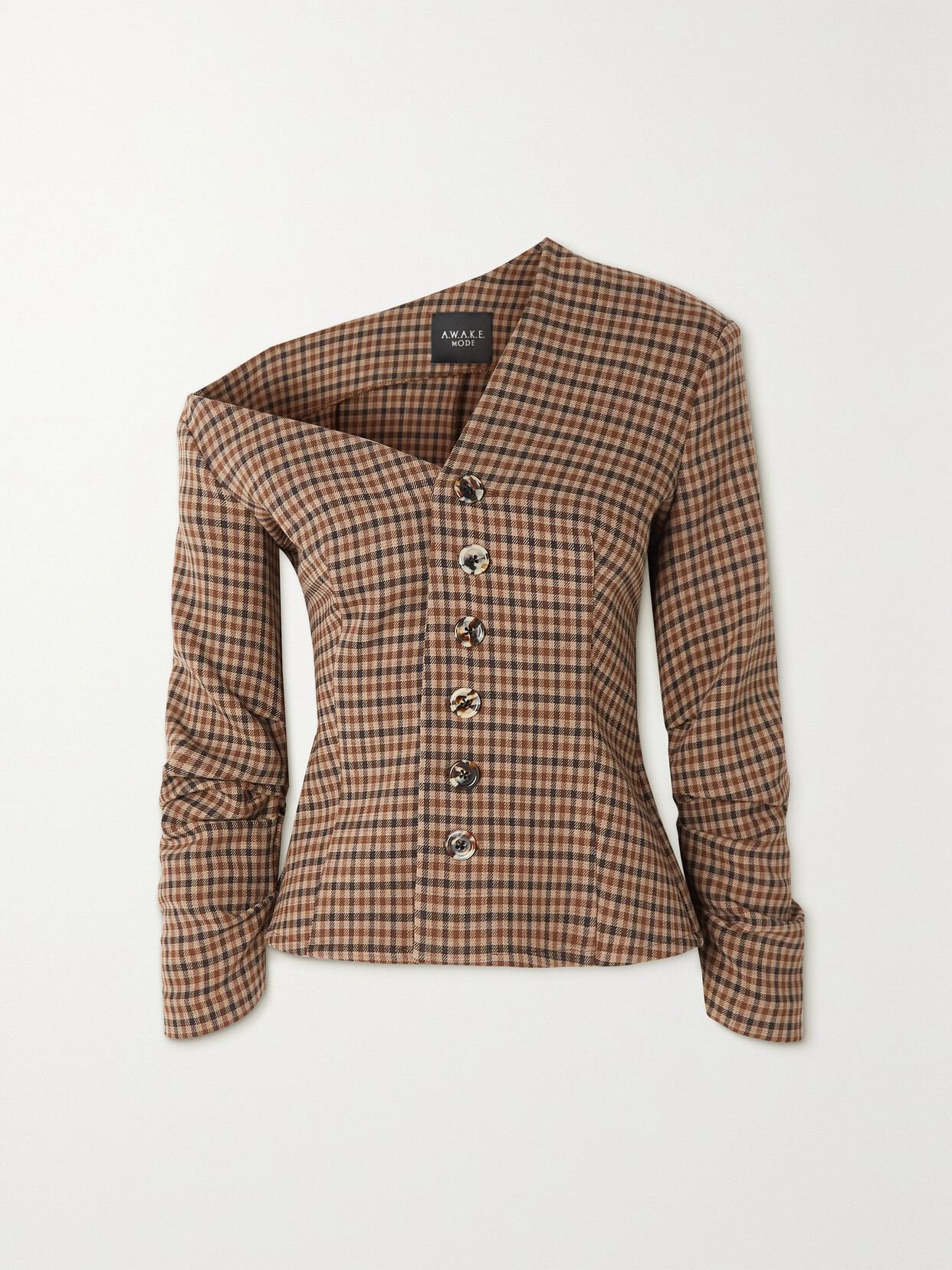 A.W.A.K.E. MODE - One-shoulder Checked Tweed Top - Brown