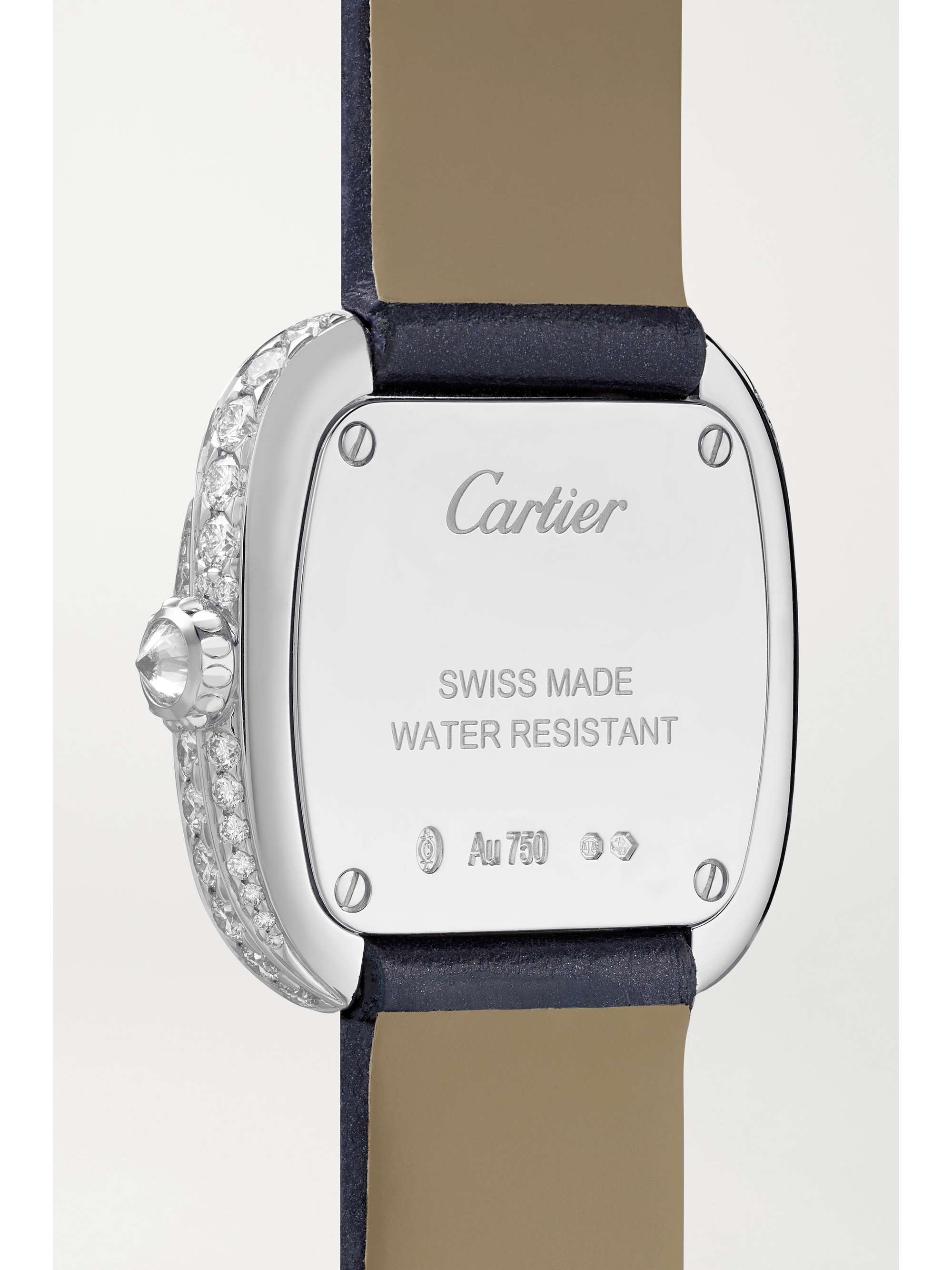 CARTIER Coussin de Cartier 31 mm mittelgroße Uhr aus 18 Karat Roségold mit Diamanten und Lederarmband