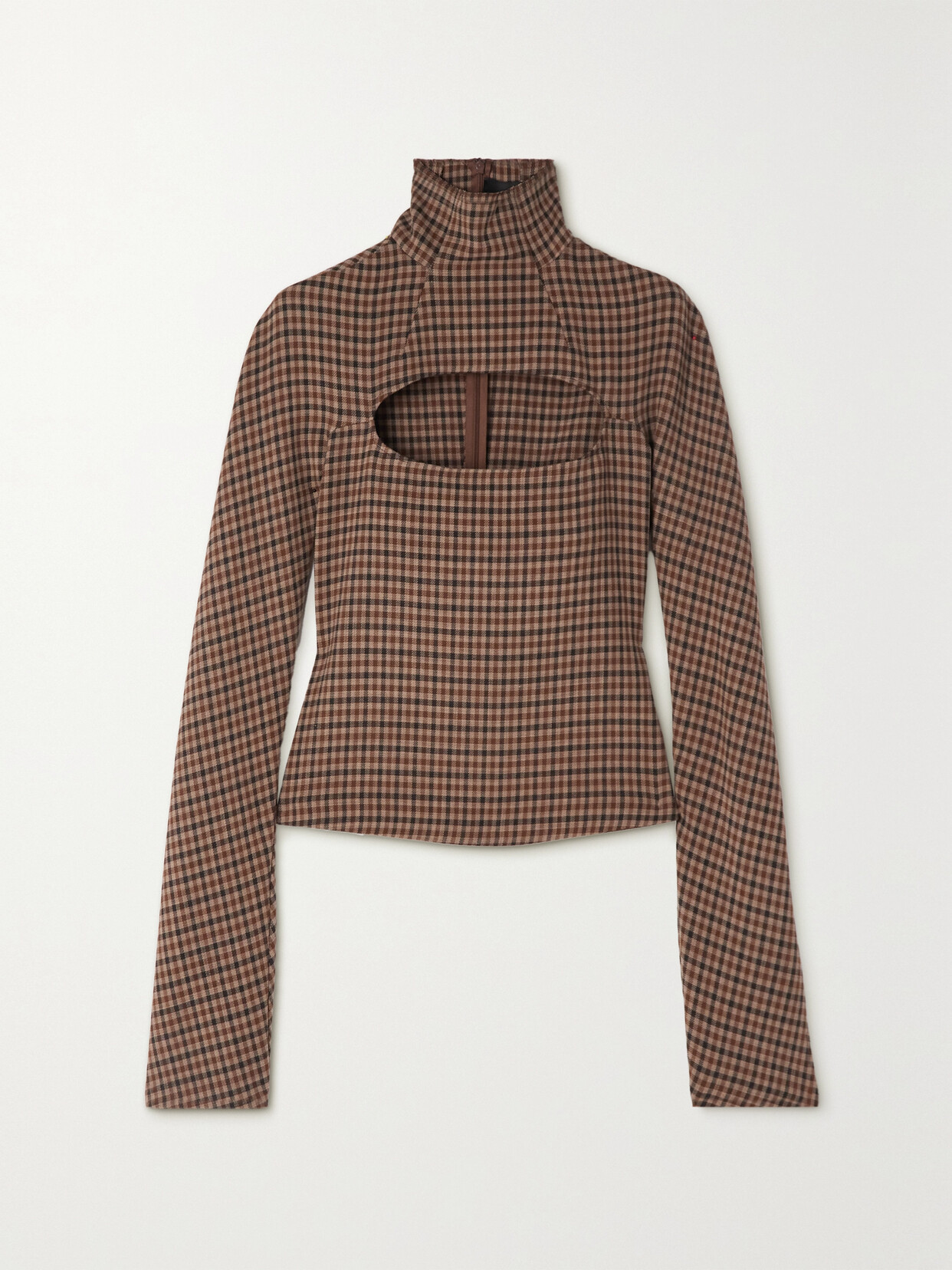 A.W.A.K.E. MODE - Cutout Checked Jersey Turtleneck Top - Brown