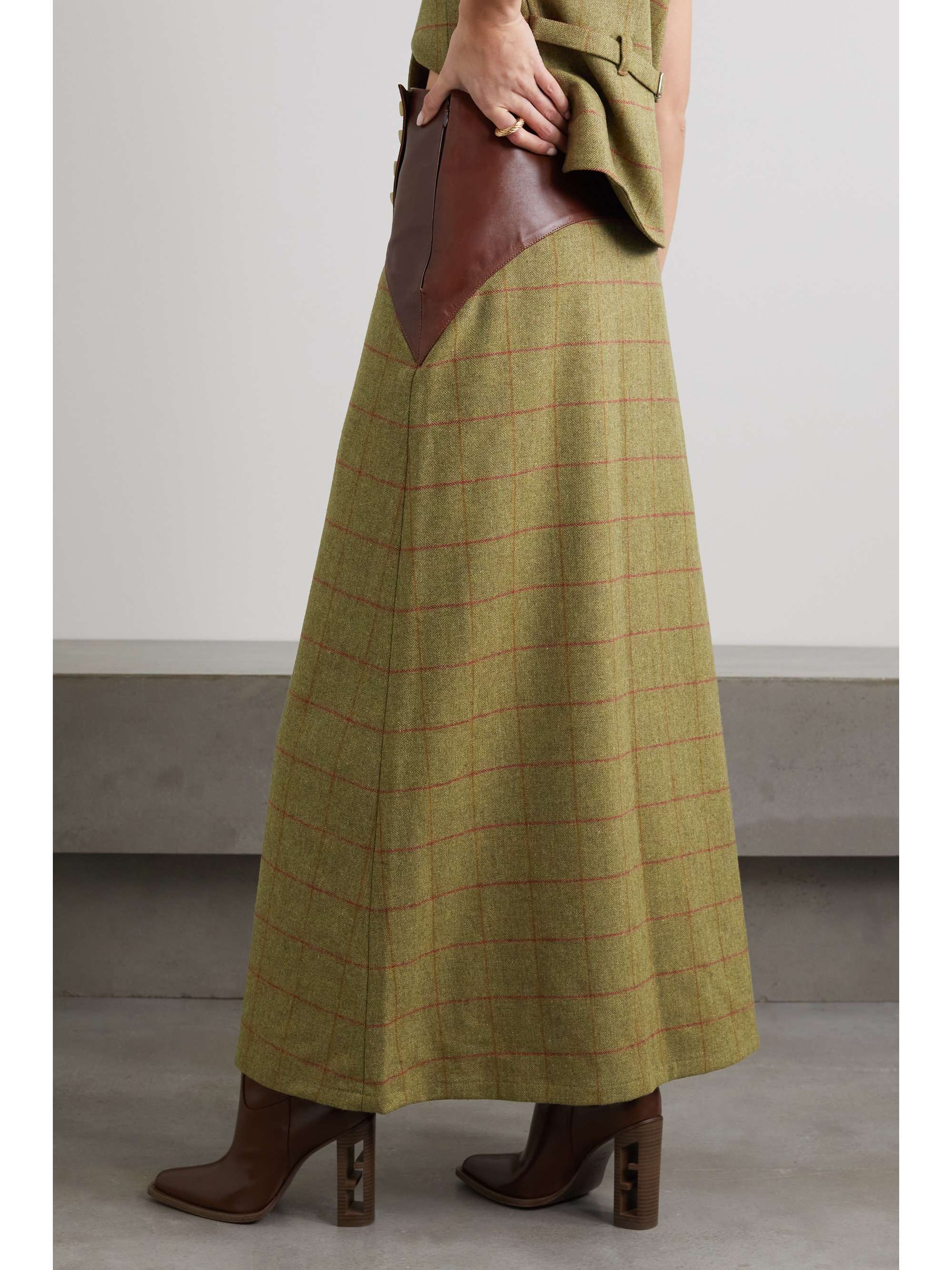GIULIVA HERITAGE Luisa leather-trimmed checked herringbone wool maxi skirt