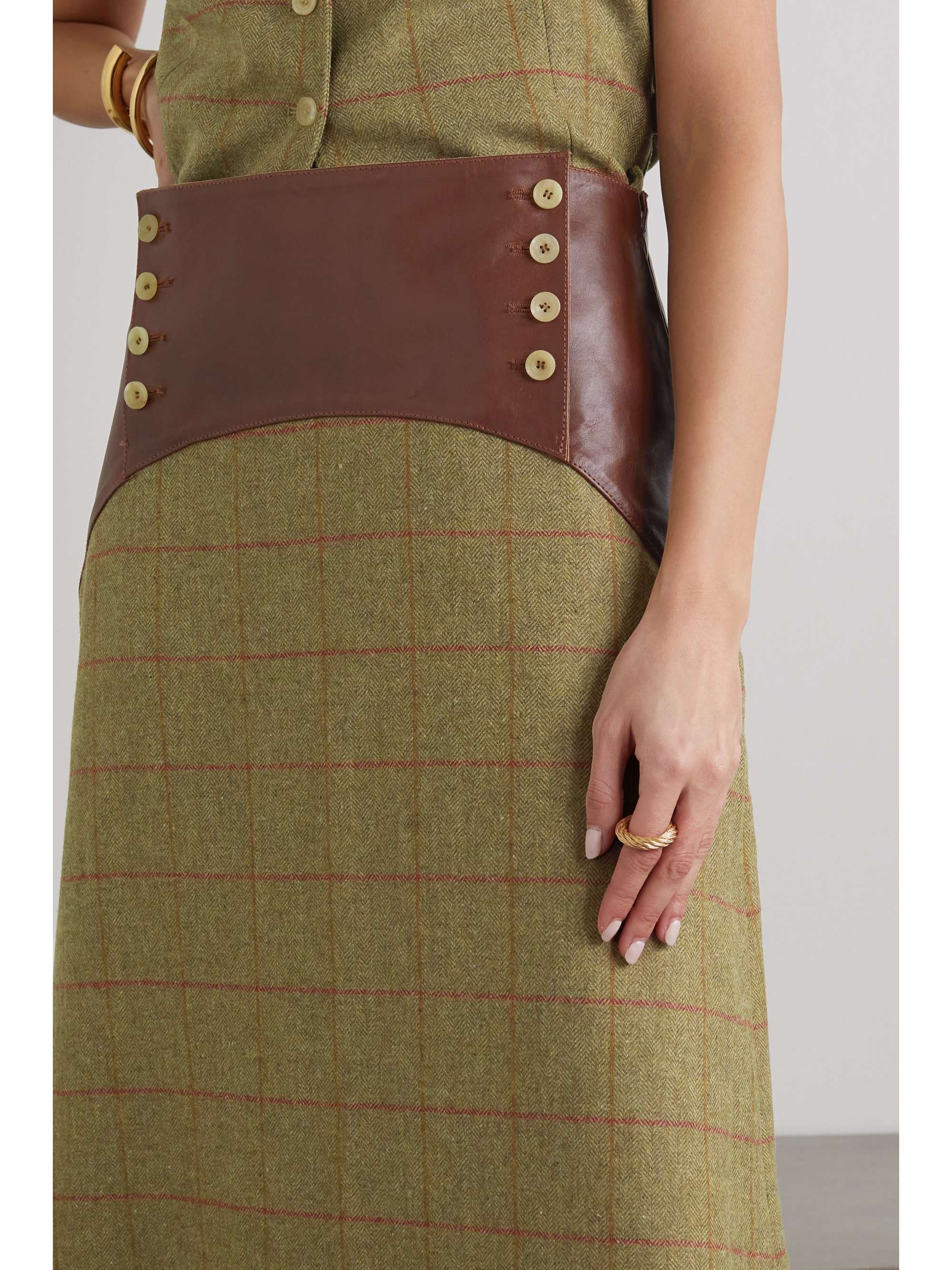 GIULIVA HERITAGE Luisa leather-trimmed checked herringbone wool maxi skirt