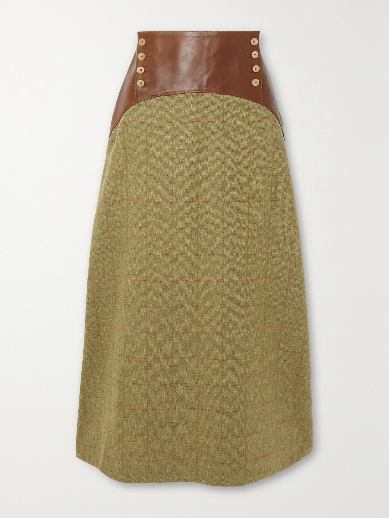 Giuliva Heritage - Luisa Leather-trimmed Checked Herringbone Wool Maxi Skirt - Green