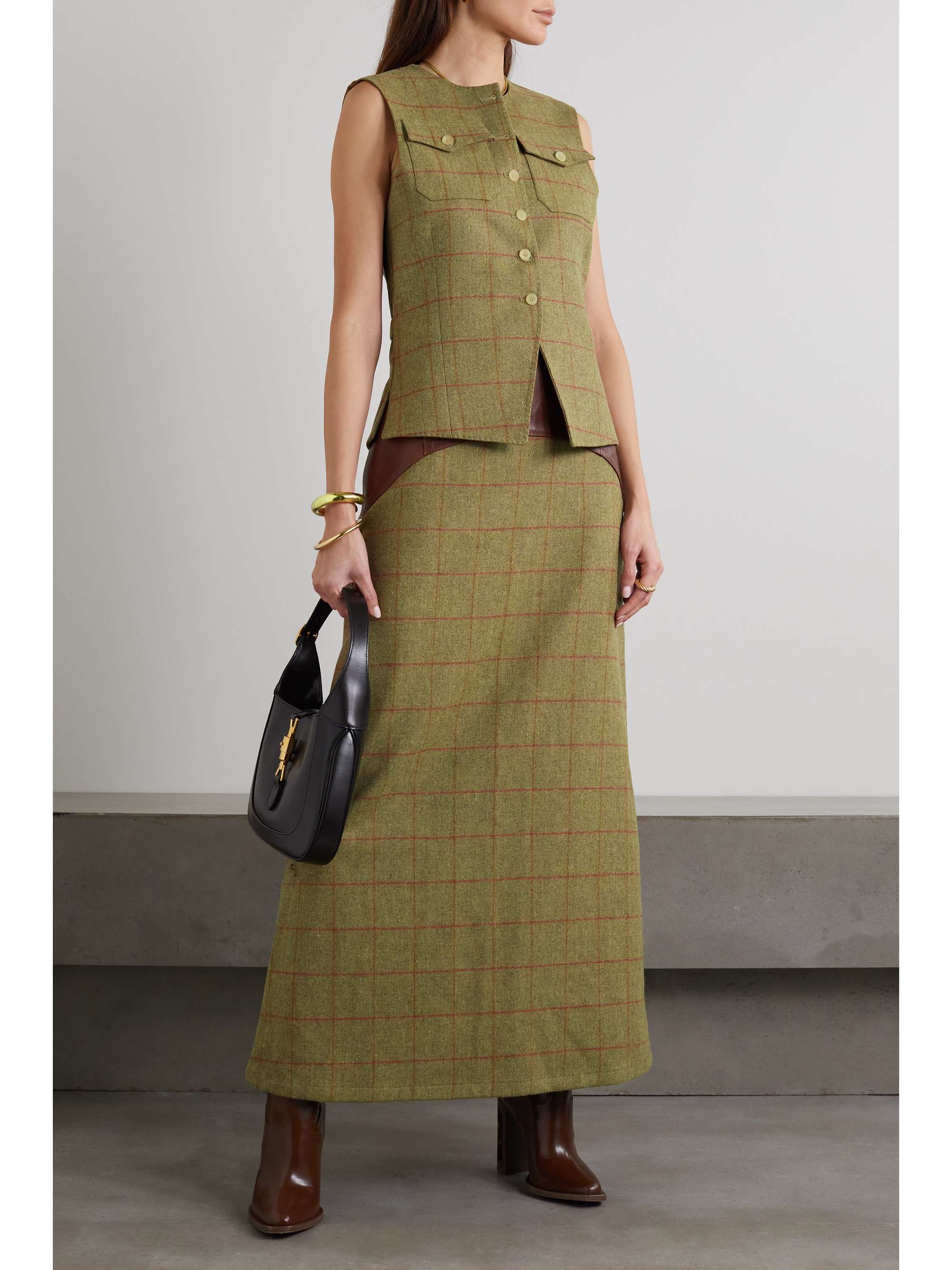 GIULIVA HERITAGE Luisa leather-trimmed checked herringbone wool maxi skirt