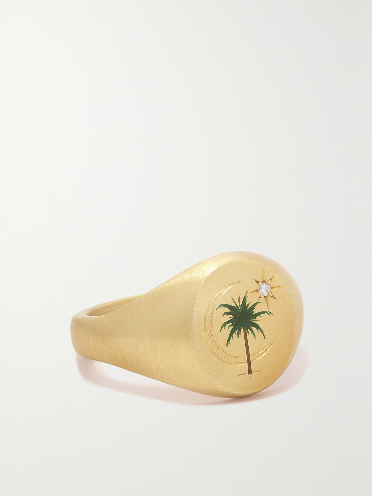 CECE JEWELLERY PALM & MOON 18-KARAT RECYCLED GOLD, ENAMEL AND DIAMOND SIGNET RING