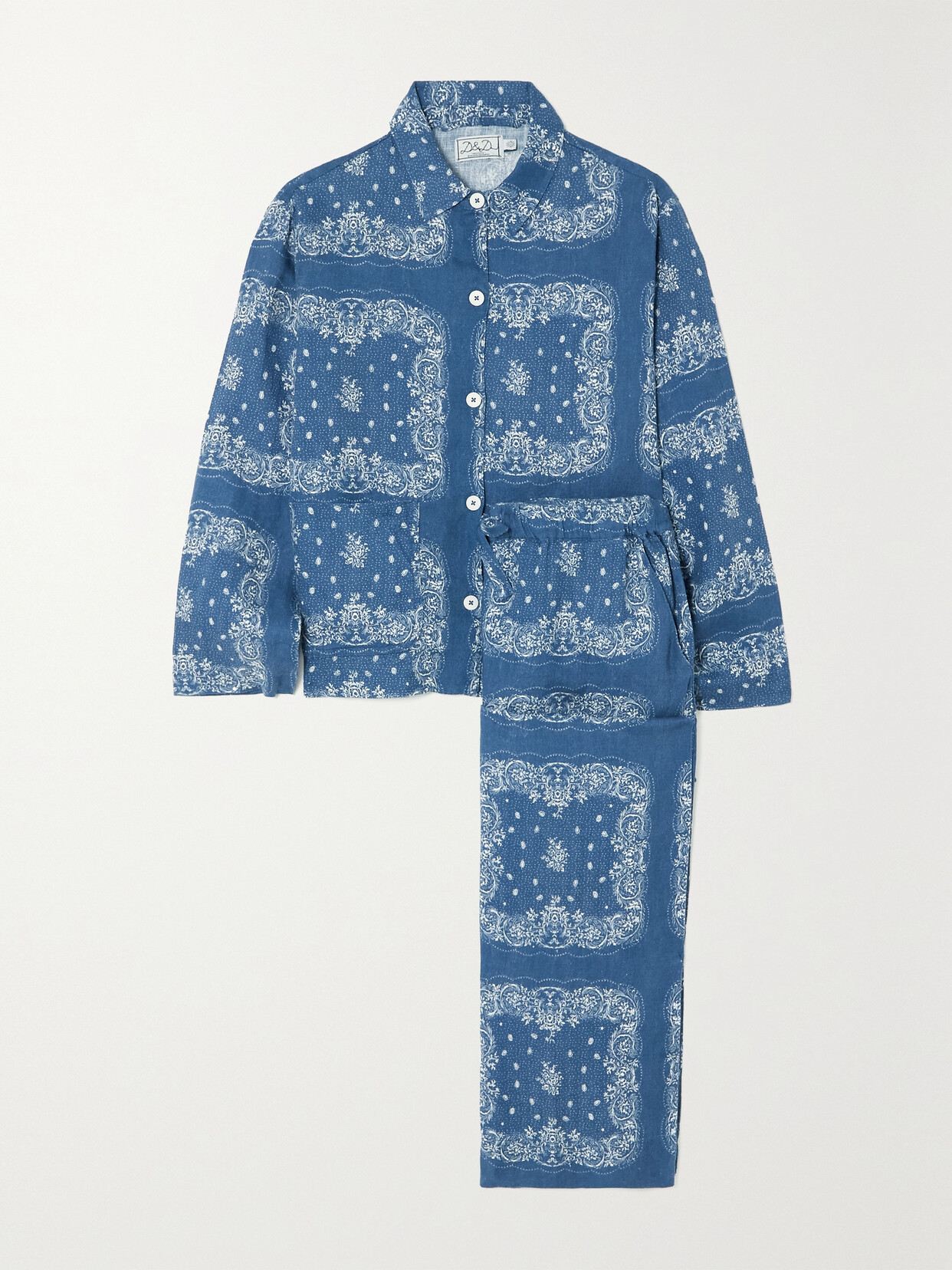 Desmond & Dempsey - Pocket Printed Linen Pajama Set - Blue