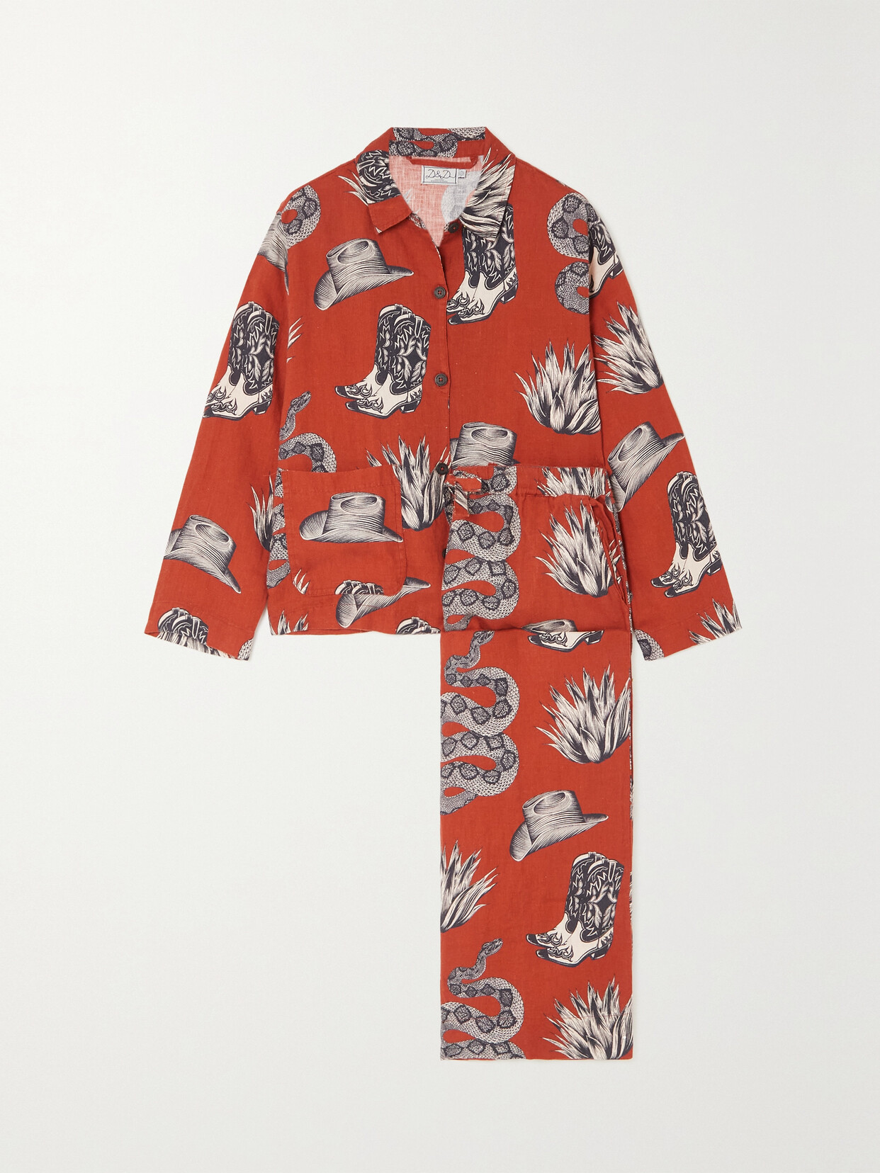 Desmond & Dempsey - Pocket Printed Linen Pajama Set - Orange