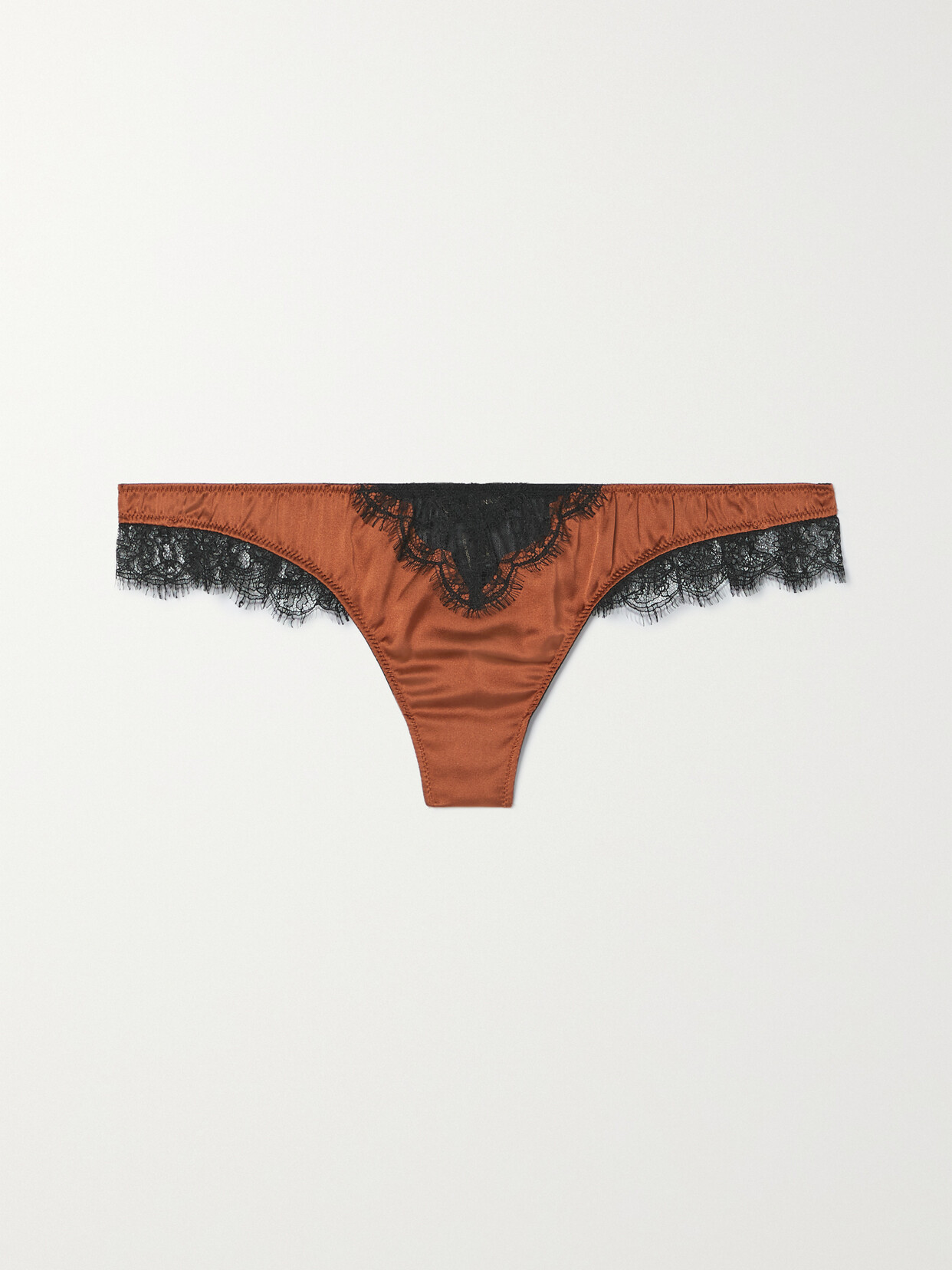 Kiki de Montparnasse - Lace-trimmed Stretch-silk Charmeuse Thong - Brown