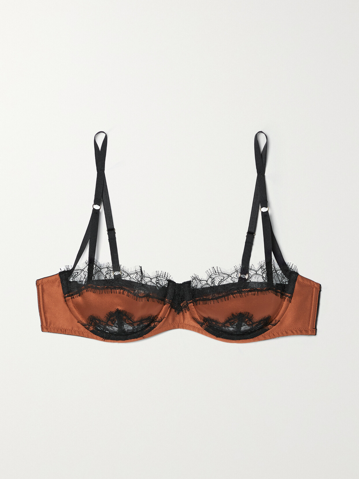 Kiki de Montparnasse Lace-trimmed Stretch-silk Charmeuse Underwired Balconette Bra - Brown