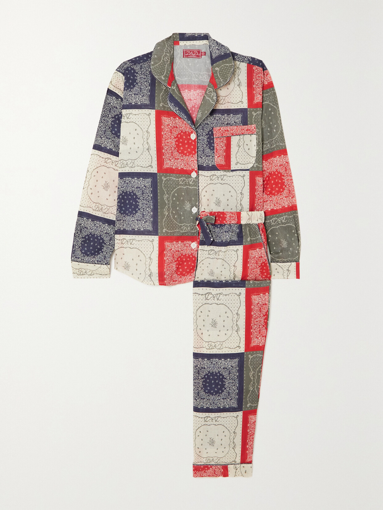 Desmond & Dempsey Long Patchwork Printed Organic Cotton Pajama Set - Cream