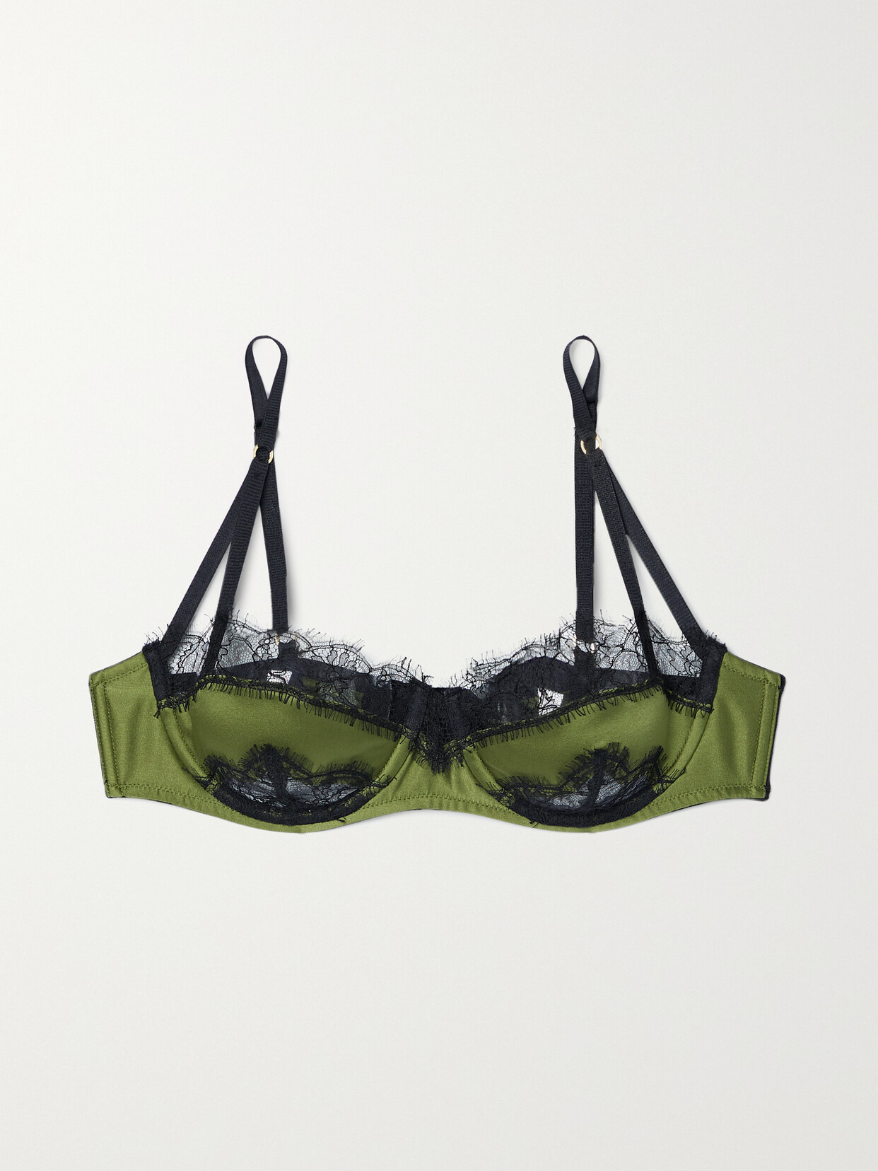 Kiki De Montparnasse Lace-trimmed Stretch-silk Charmeuse Underwired Balconette Bra In Green