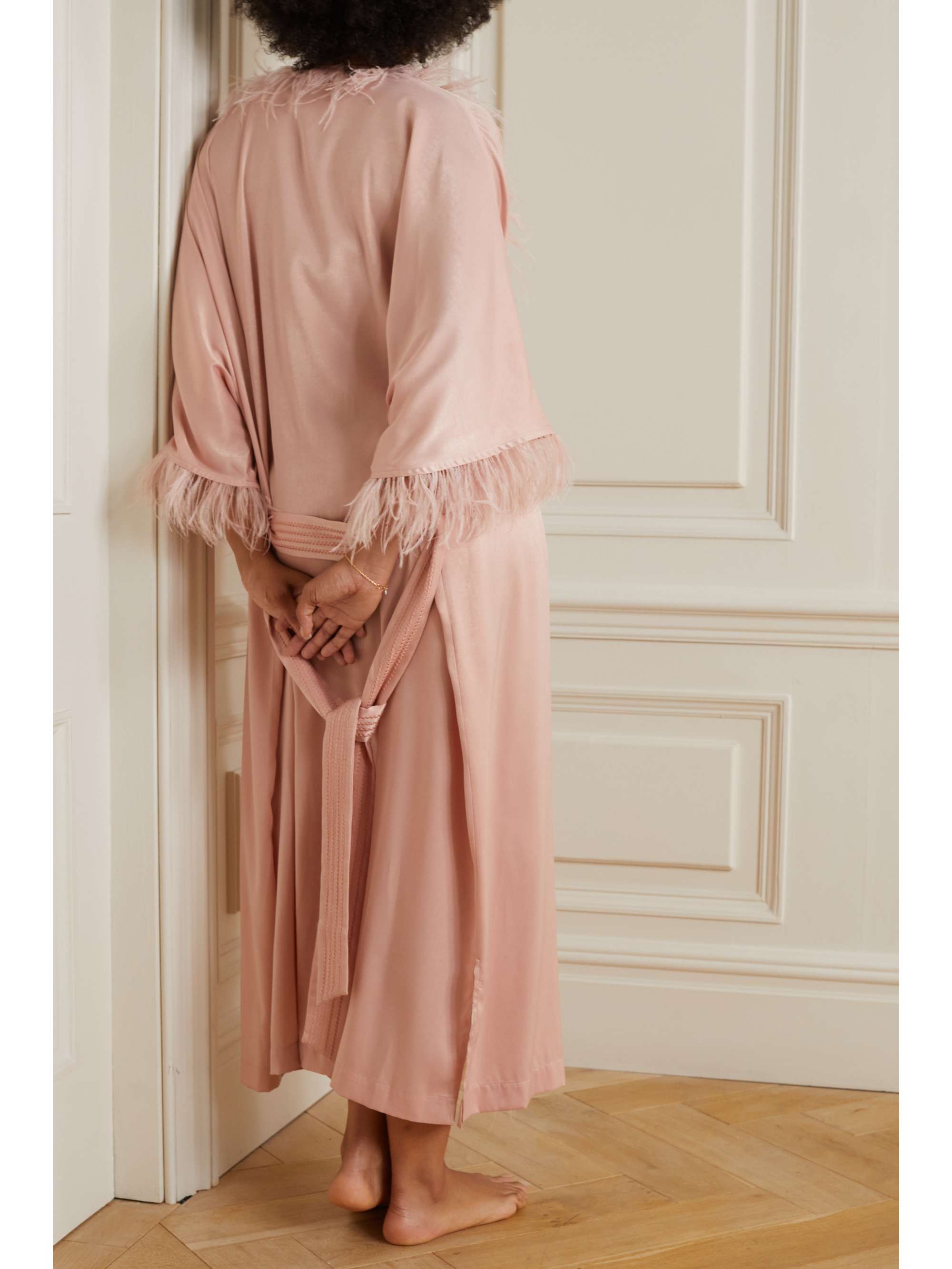 LOVE STORIES Laura feather-trimmed charmeuse robe