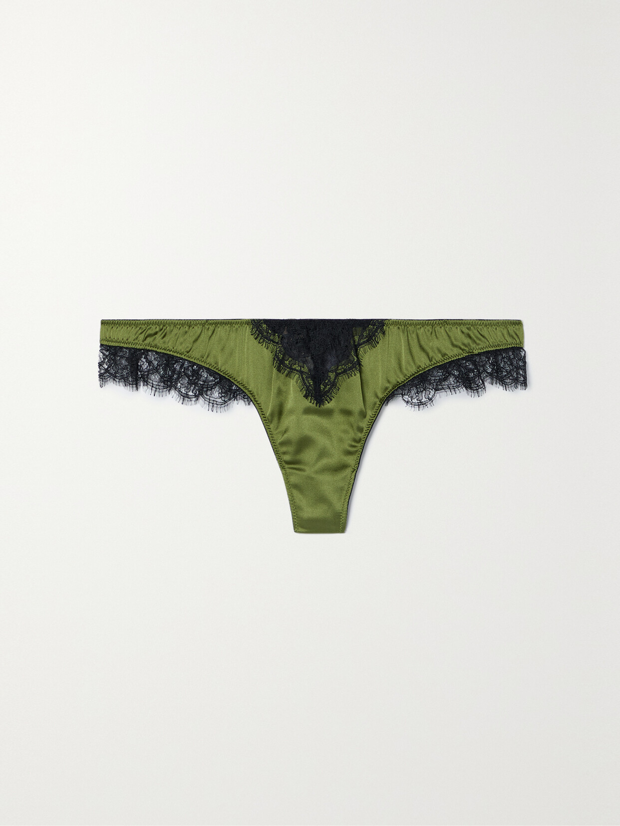 Kiki De Montparnasse Lace-trimmed Stretch-silk Charmeuse Thong In Green