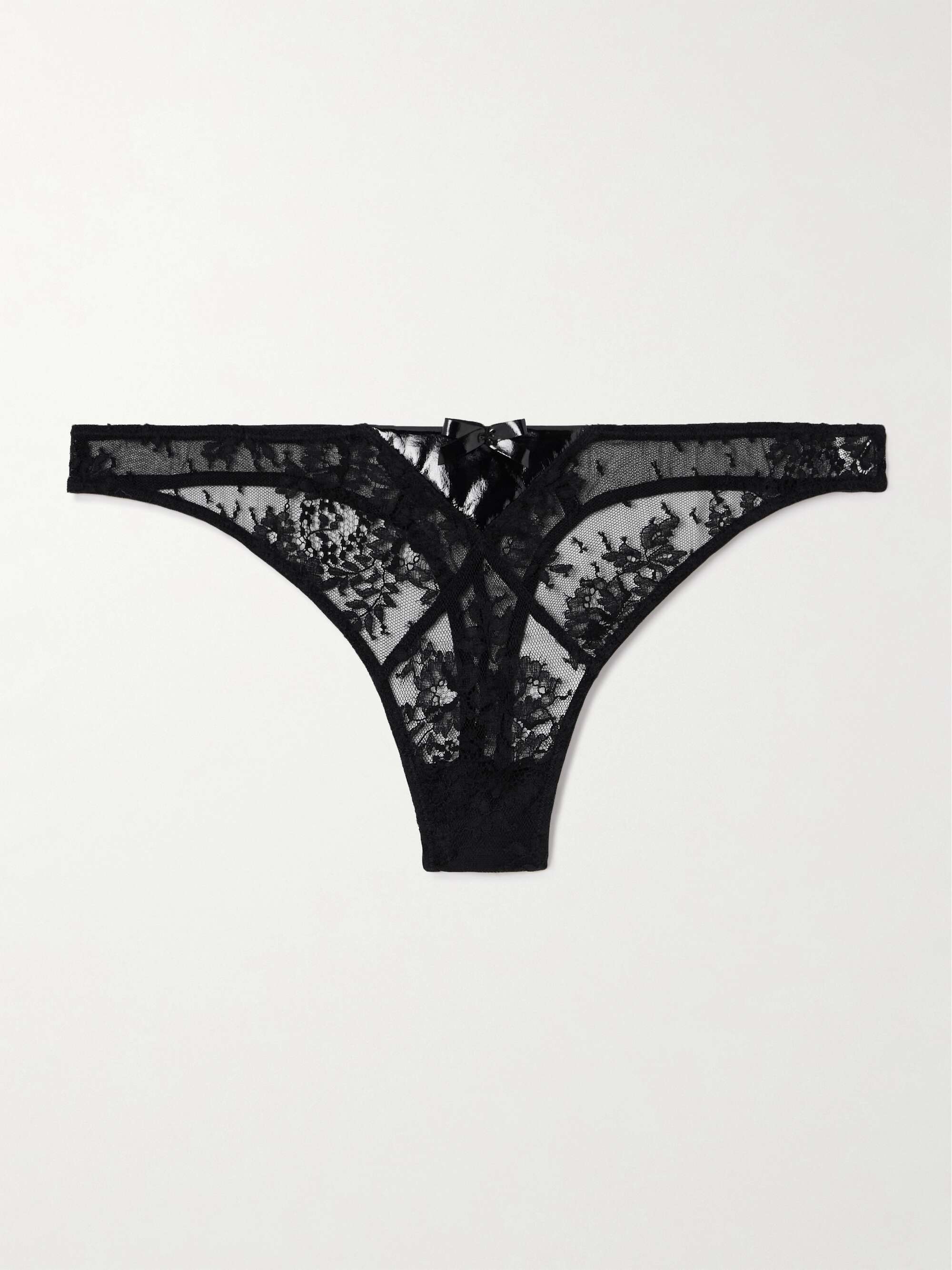 FLEUR DU MAL Frankie faux patent leather-trimmed embroidered tulle thong | NET-A-PORTER AE