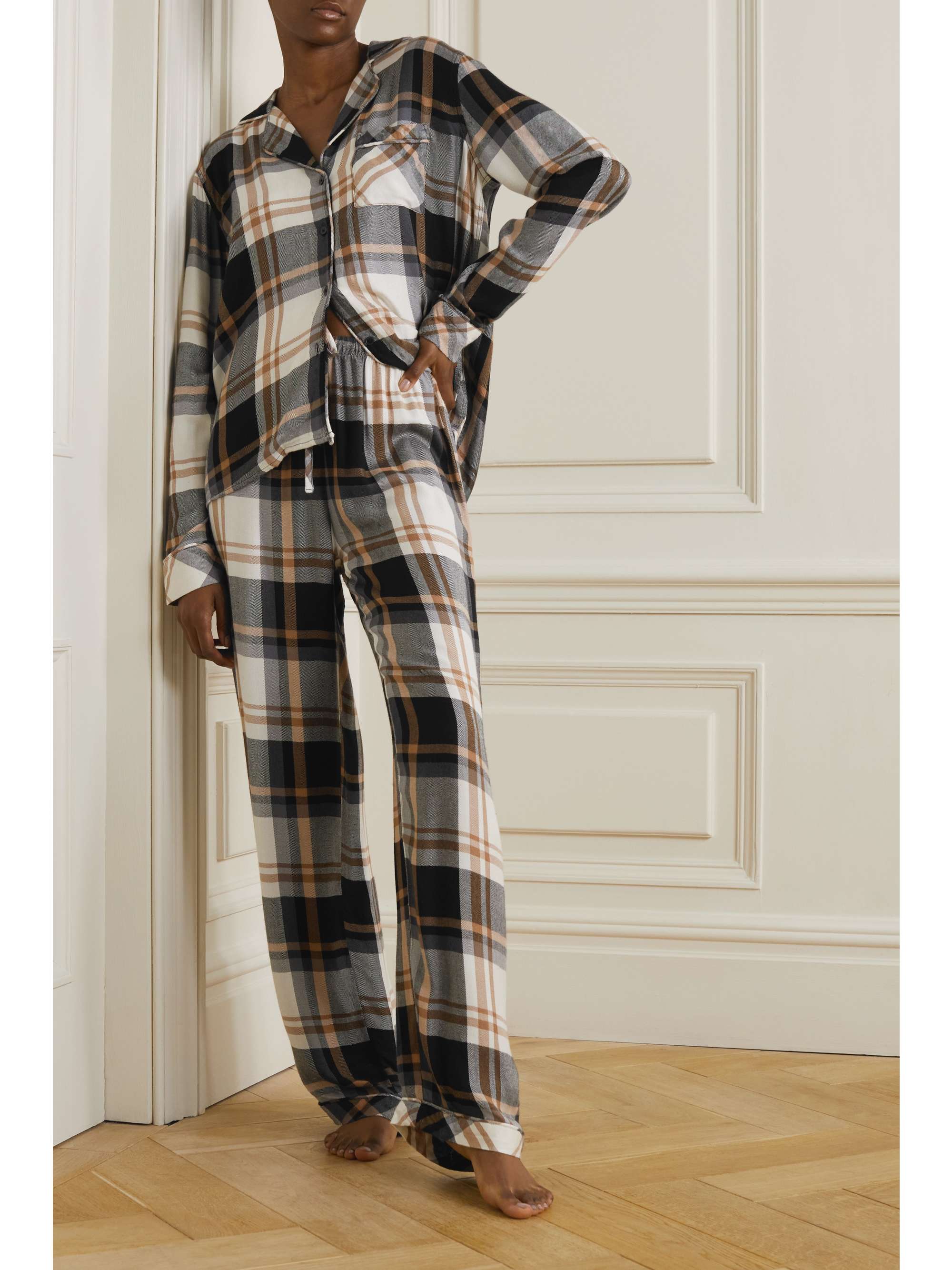 Beige Clara checked flannel pajama set 