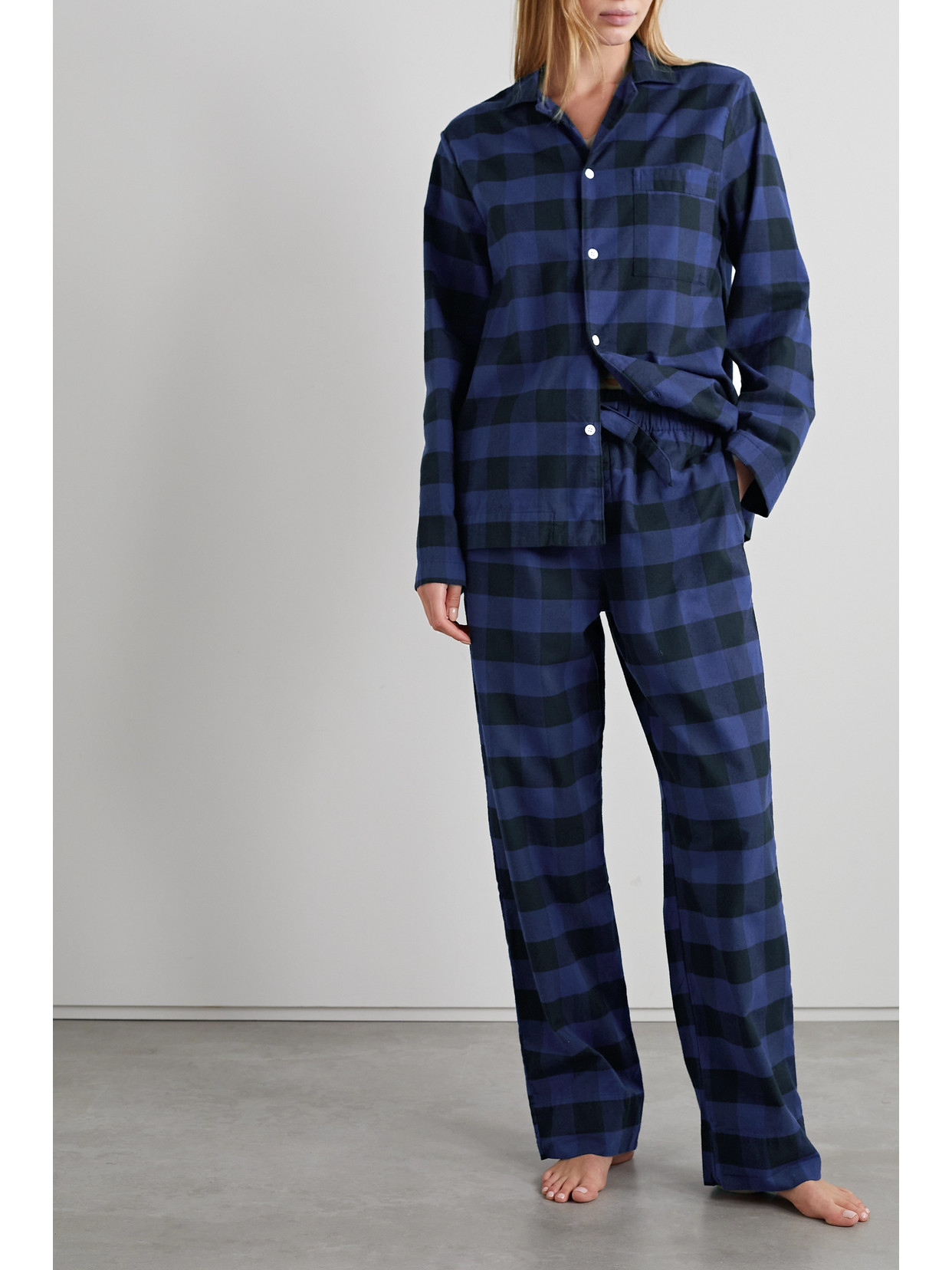 Tekla Gingham Organic Brushed Cottonflannel Pajama Pants In Blue