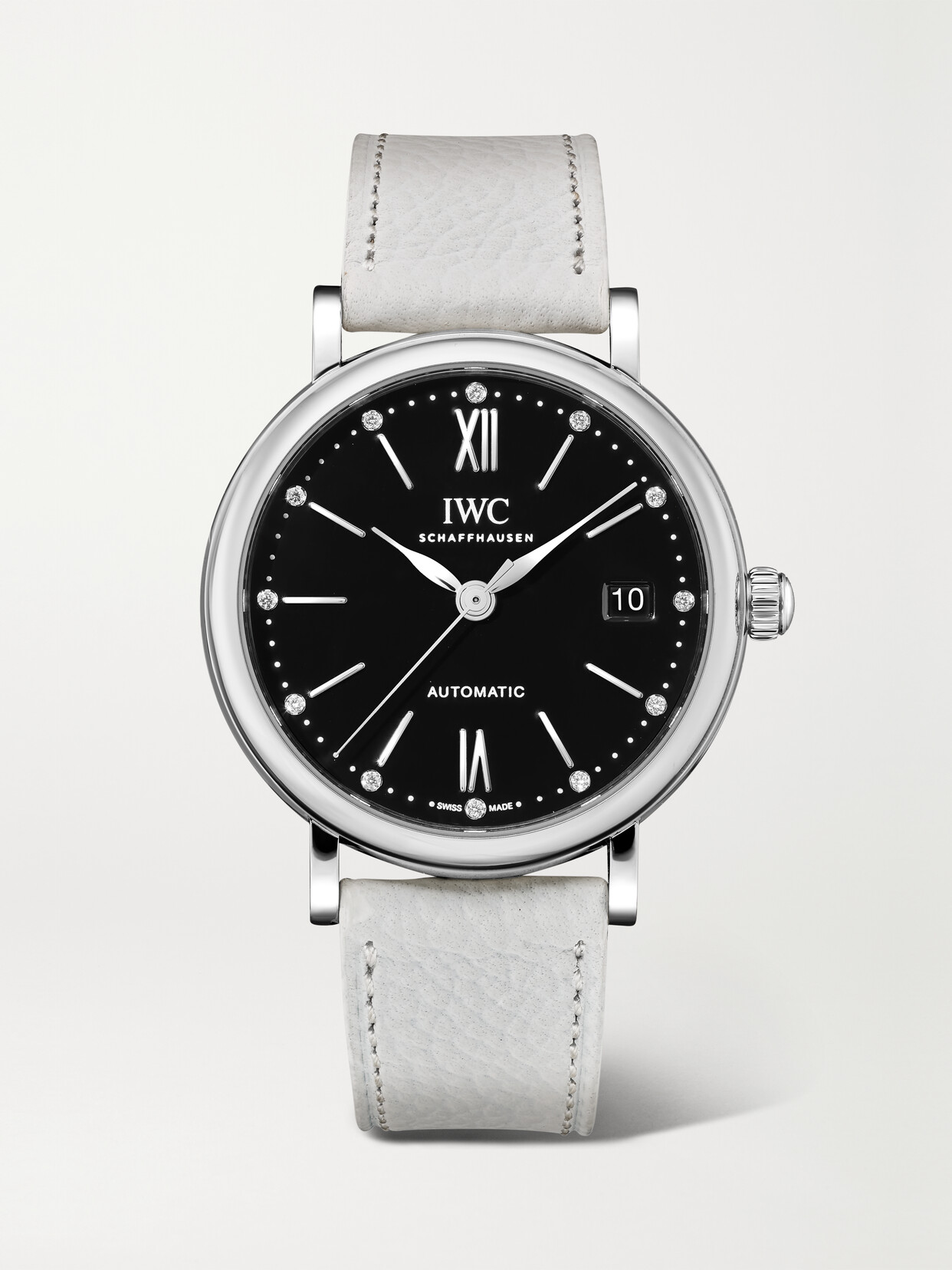 IWC SCHAFFHAUSEN - Portofino Automatic 37mm Stainless Steel, Textured-leather And Diamond Watch - Silver