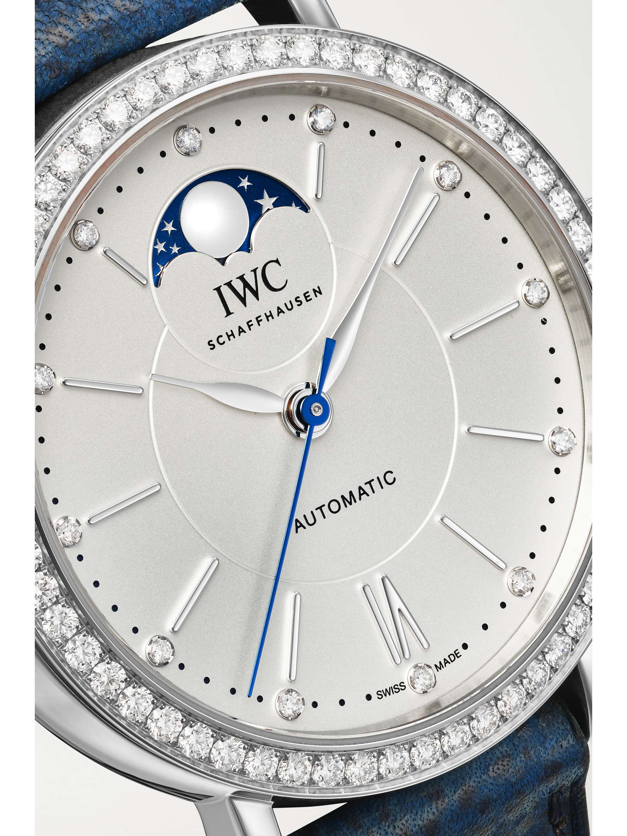 IWC SCHAFFHAUSEN Portofino Automatic Moon Phase 37mm stainless steel, textured-leather and diamond watch