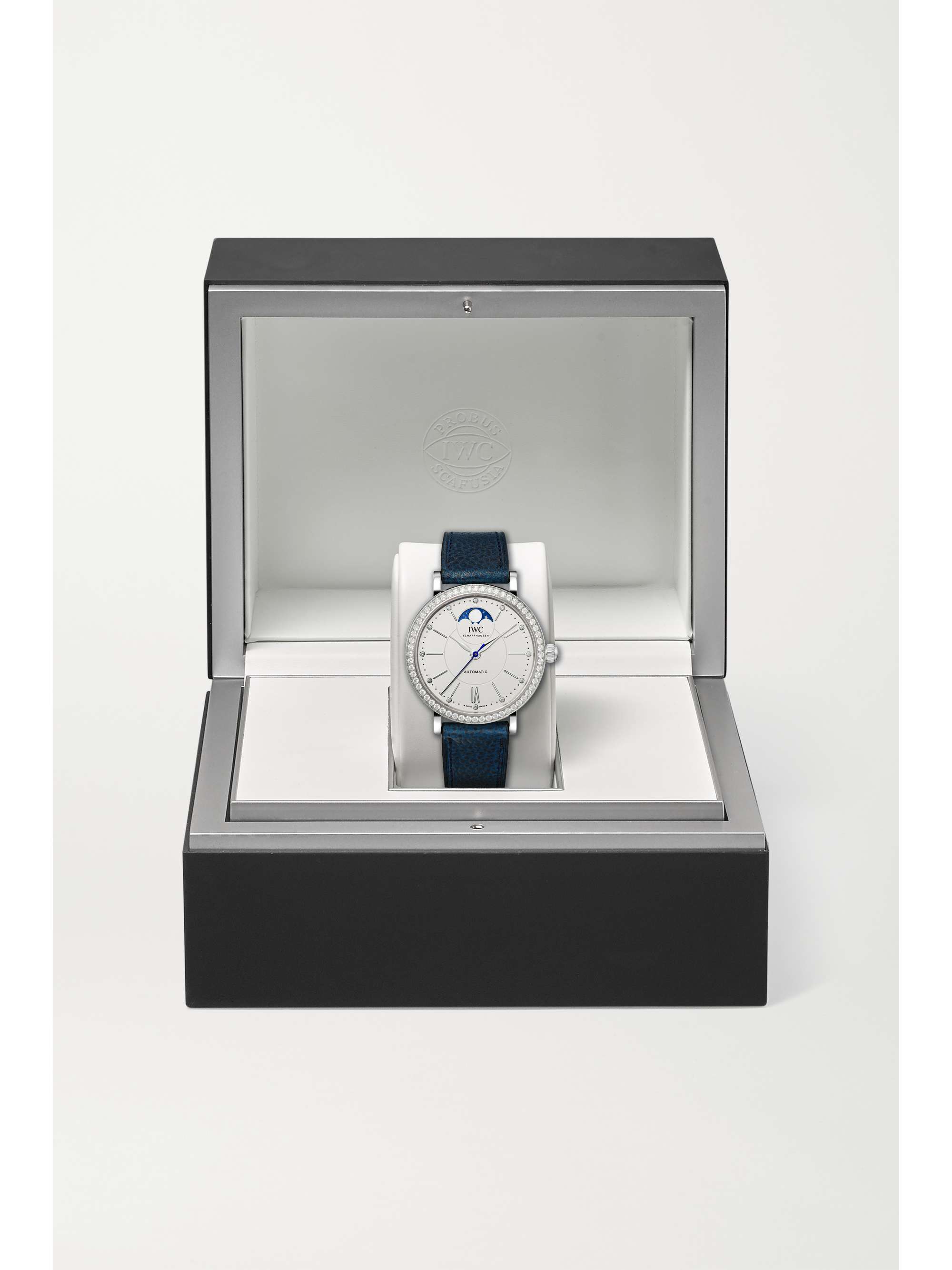 IWC SCHAFFHAUSEN Portofino Automatic Moon Phase 37mm stainless steel, textured-leather and diamond watch