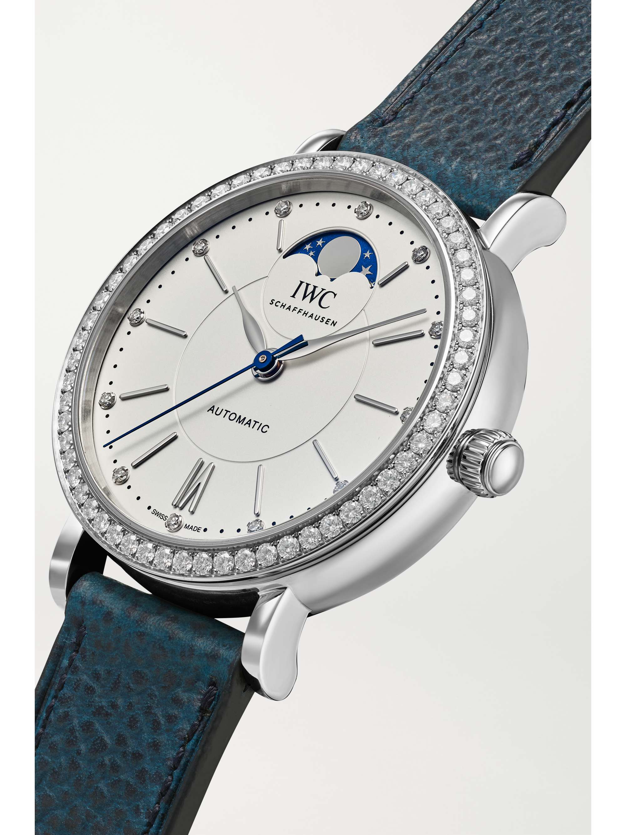 IWC SCHAFFHAUSEN Portofino Automatic Moon Phase 37mm stainless steel, textured-leather and diamond watch