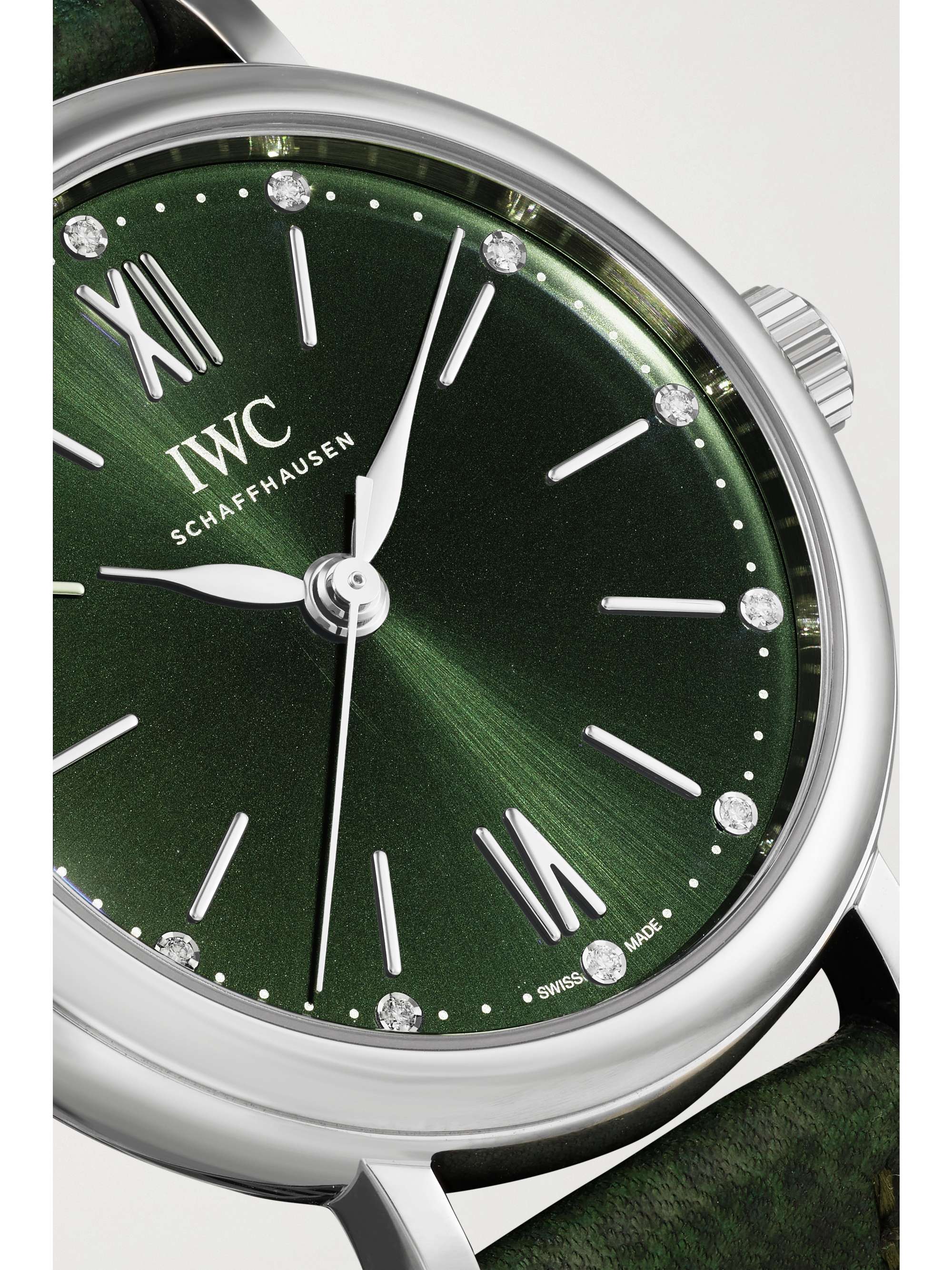 IWC SCHAFFHAUSEN Portofino 自动上链 34 毫米精钢钻石腕表（纹理皮革表带）