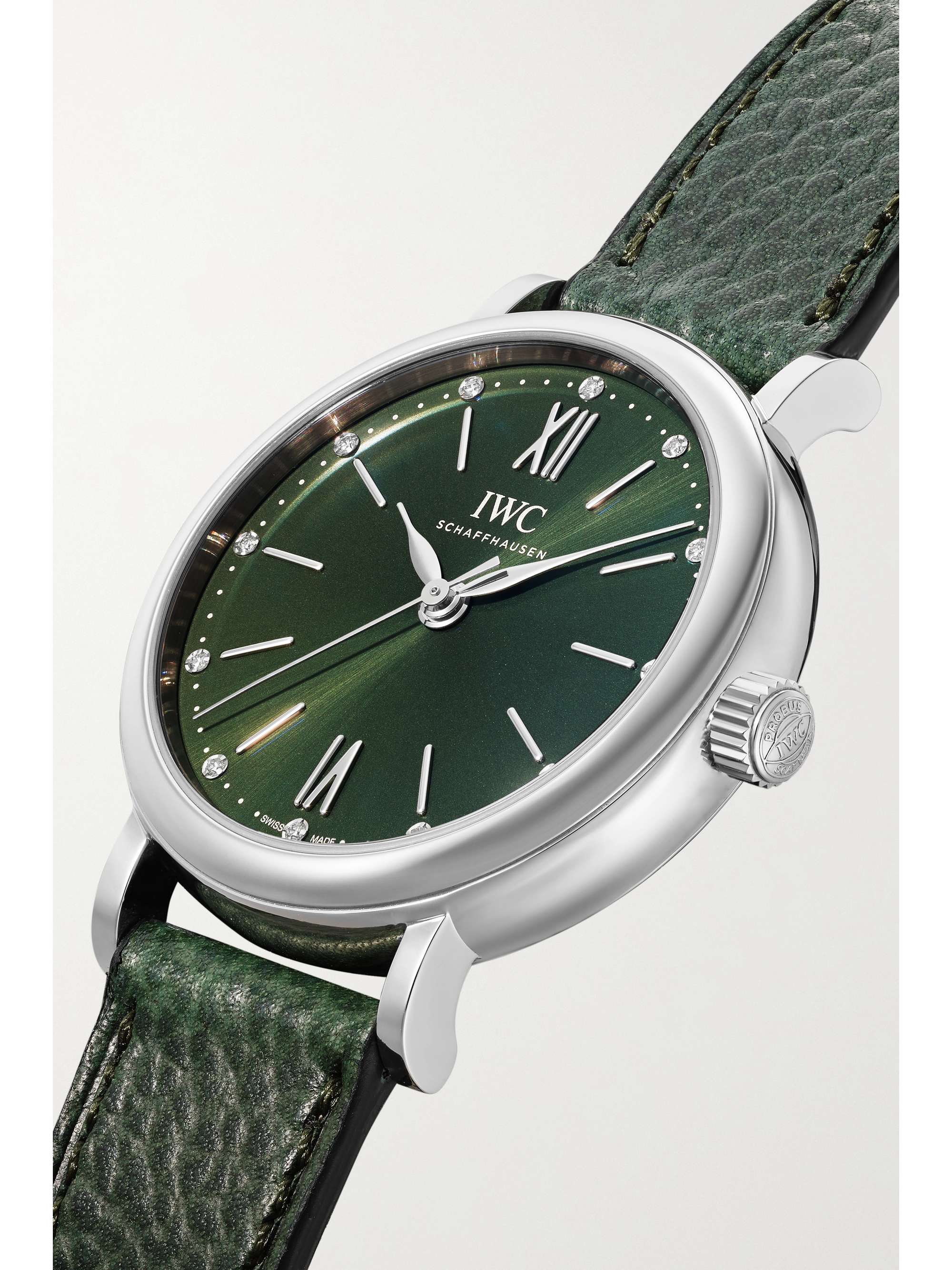 IWC SCHAFFHAUSEN Portofino 自动上链 34 毫米精钢钻石腕表（纹理皮革表带）