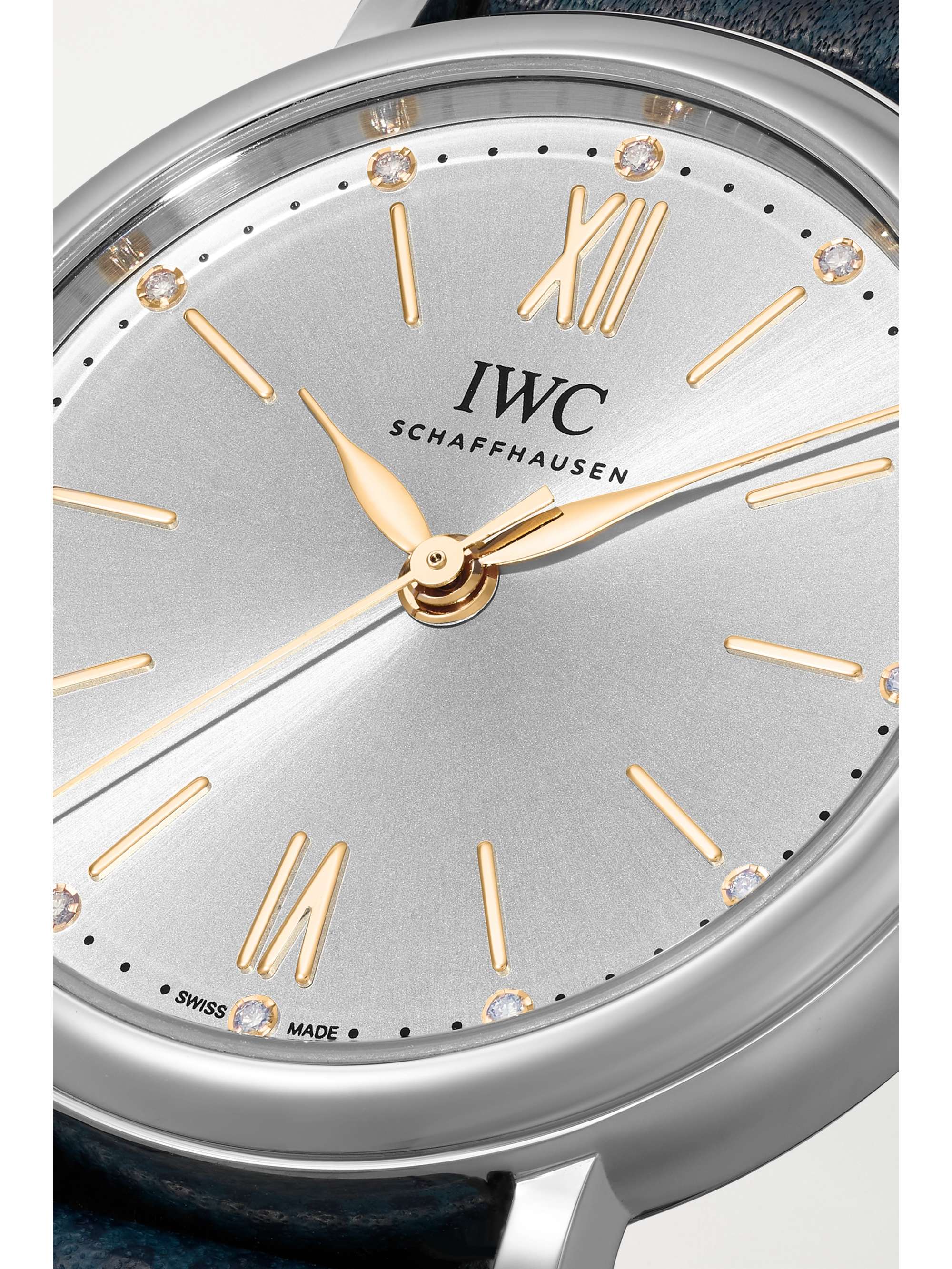 IWC SCHAFFHAUSEN Montre en acier inoxydable et diamants à bracelet en cuir texturé Portofino Automatic, 34 mm