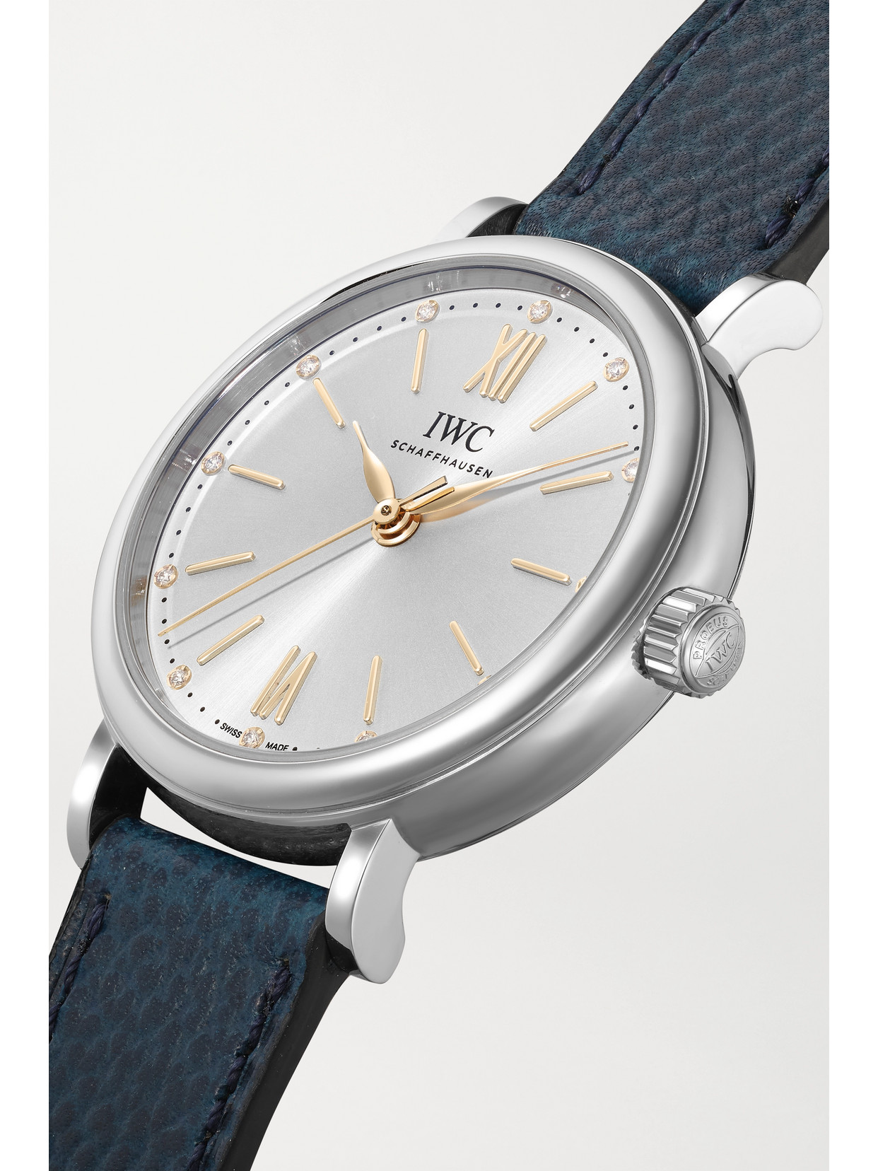 Iwc Schaffhausen Portofino Automatic 34mm Stainless Steel, Textured-leather And Diamond Watch In Silver