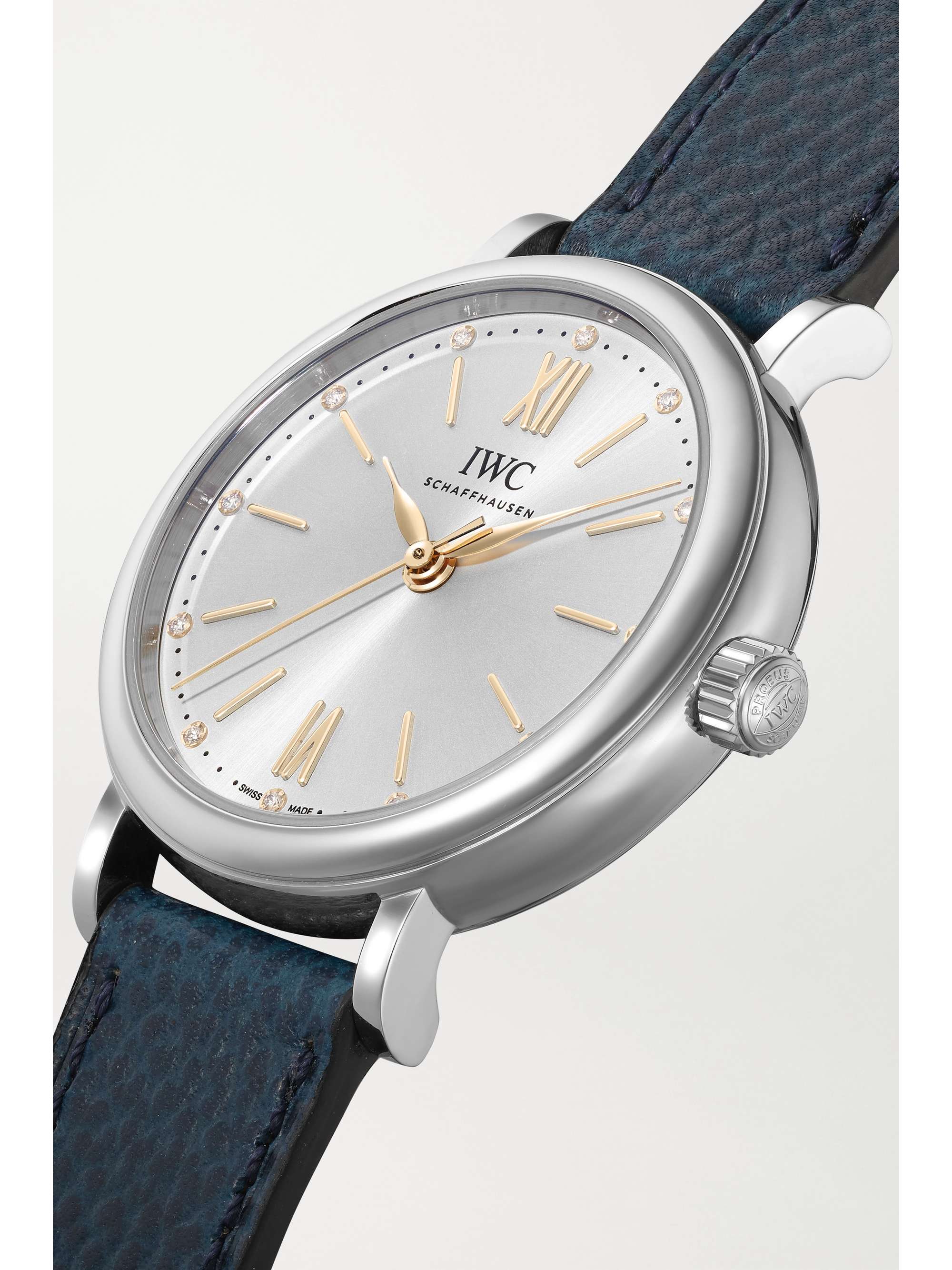 IWC SCHAFFHAUSEN Montre en acier inoxydable et diamants à bracelet en cuir texturé Portofino Automatic, 34 mm