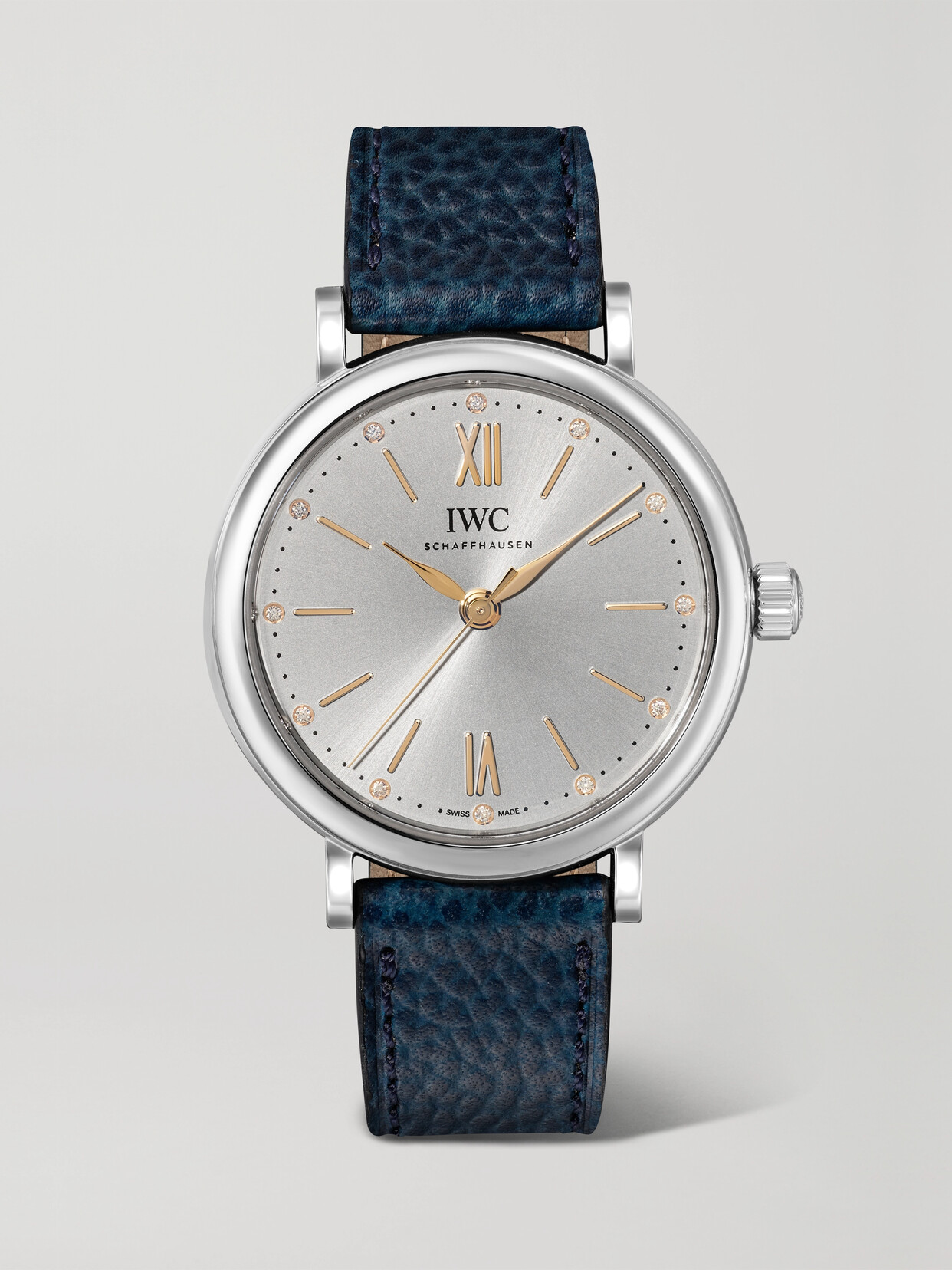 Iwc Schaffhausen Portofino Automatic 34mm Stainless Steel, Textured-leather And Diamond Watch In Silver