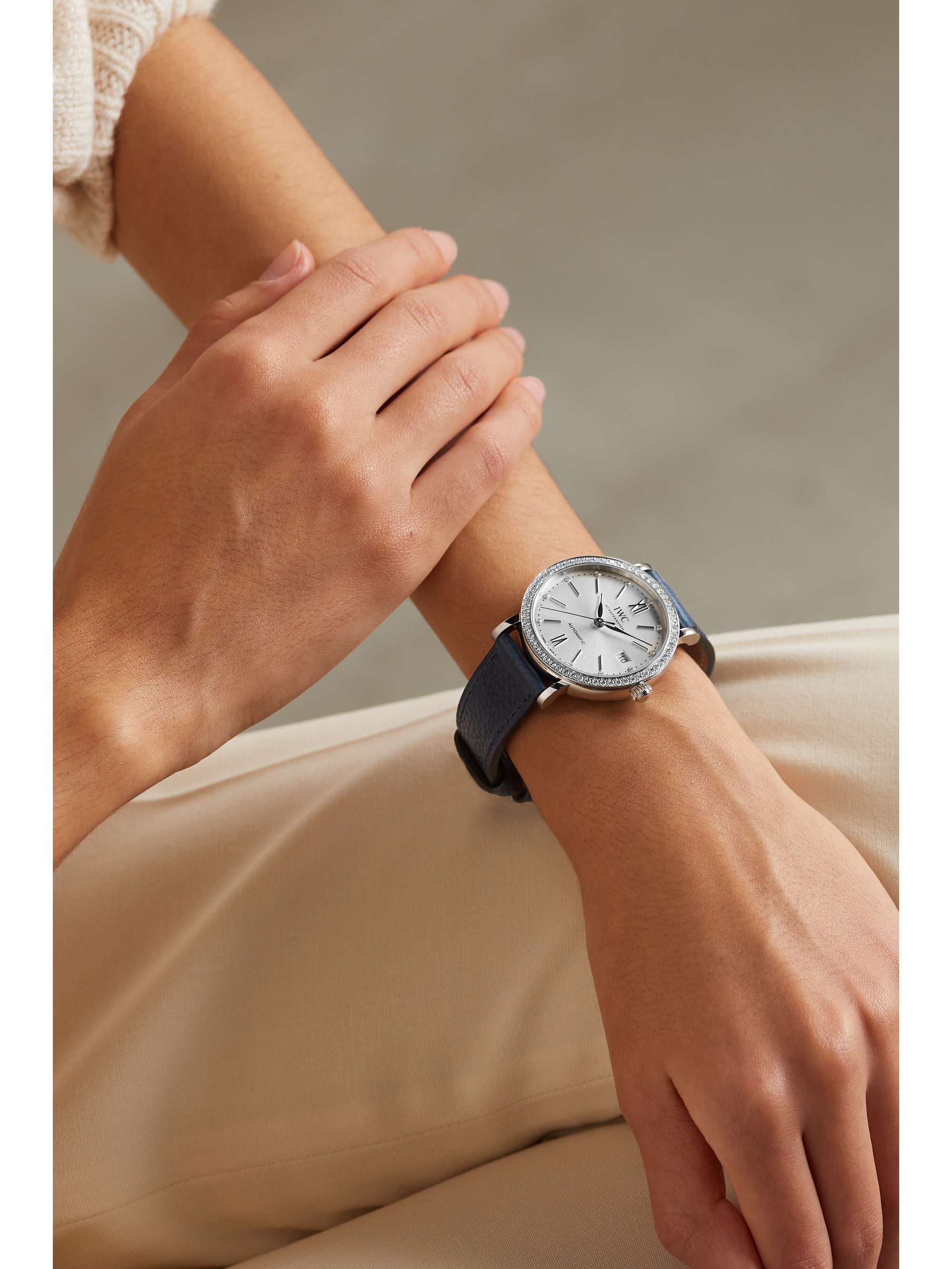 IWC SCHAFFHAUSEN ساعة Portofino Automatic بقطر ‏37 مم من الفولاذ المقاوم للصدأ والجلد والألماس