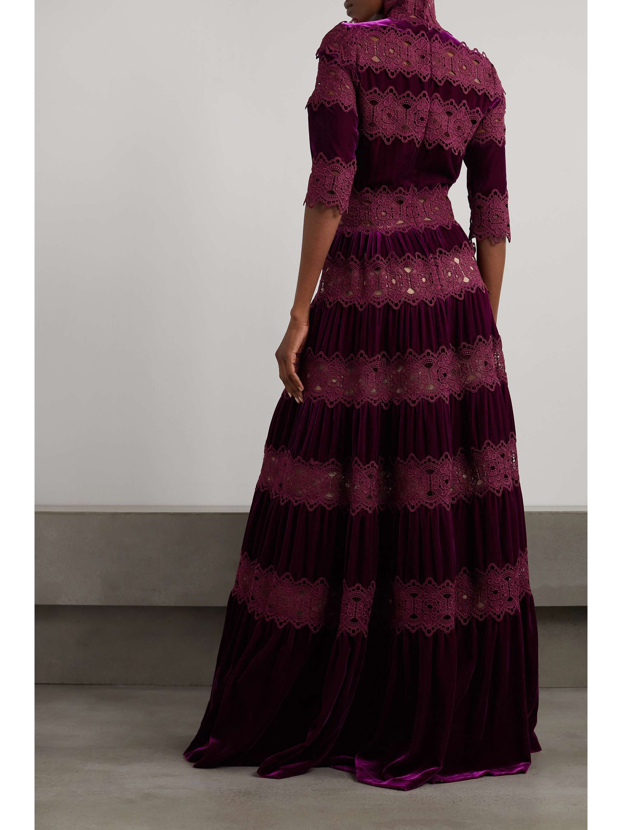 COSTARELLOS Lissie paneled velvet and guipure lace gown