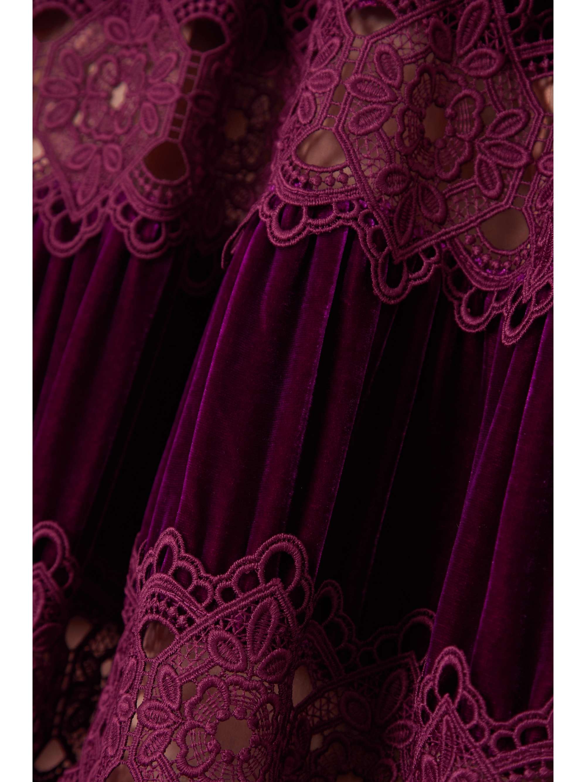COSTARELLOS Lissie paneled velvet and guipure lace gown