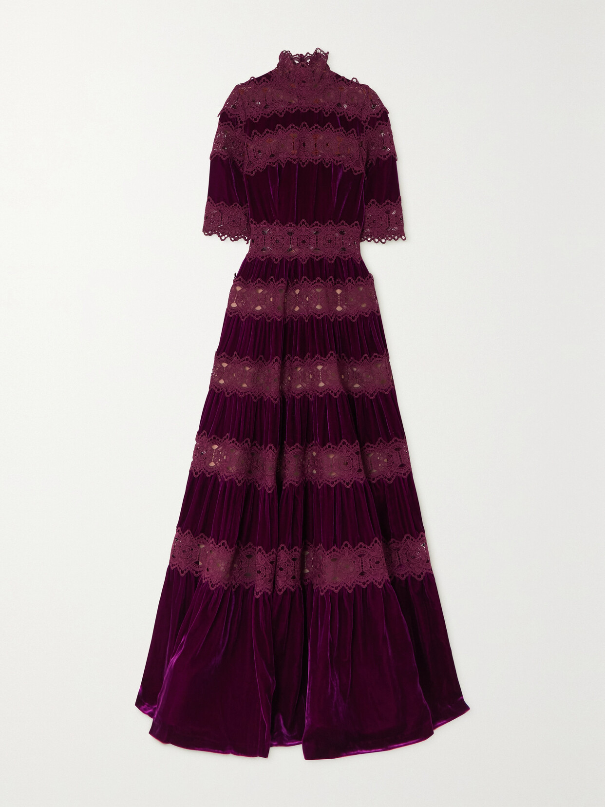 COSTARELLOS LISSIE PANELED VELVET AND GUIPURE LACE GOWN