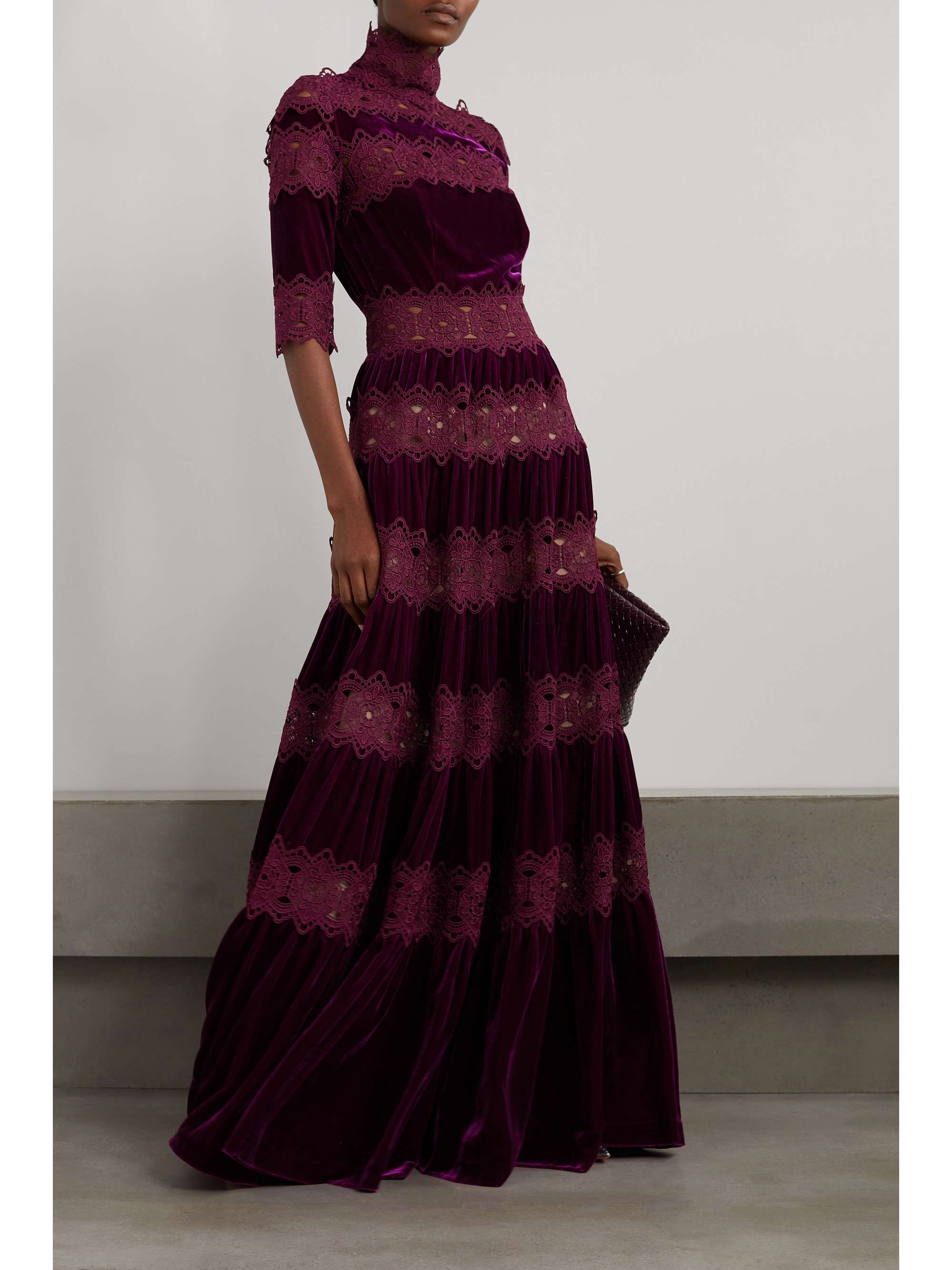 COSTARELLOS Lissie paneled velvet and guipure lace gown