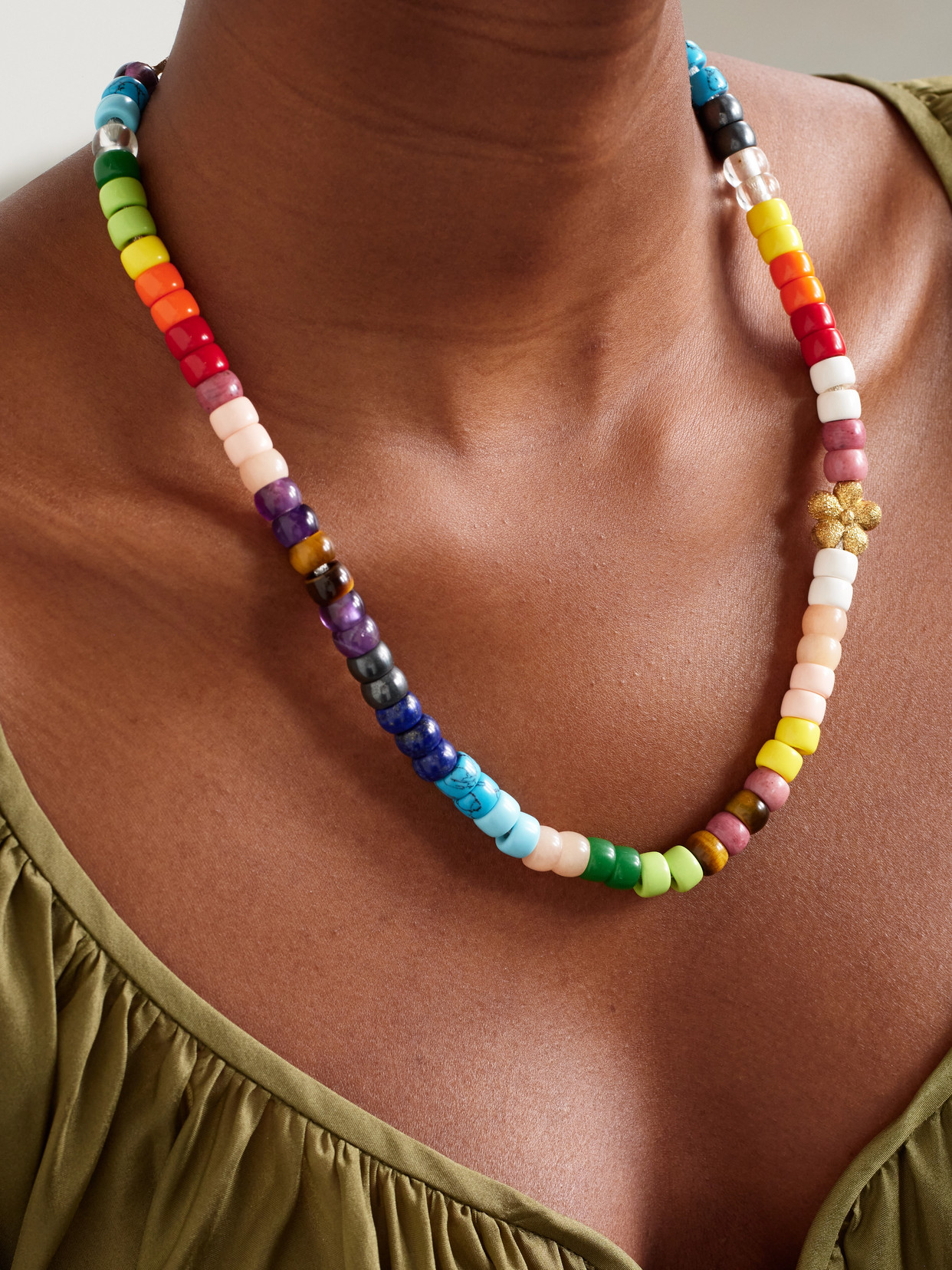 CAROLINA BUCCI FORTE BEADS RAINBOW FLOWER 18-KARAT GOLD AND LUREX MULTI-STONE NECKLACE KIT