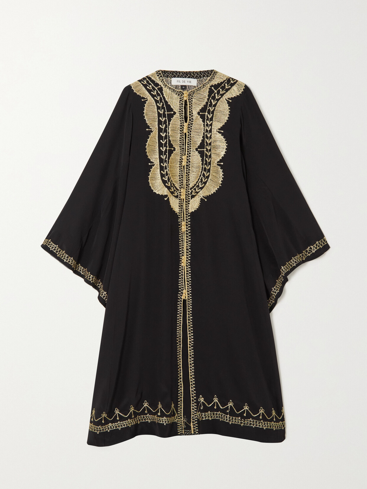 FIL DE VIE Edith Metallic Embroidered Silk-charmeuse Kaftan - Black