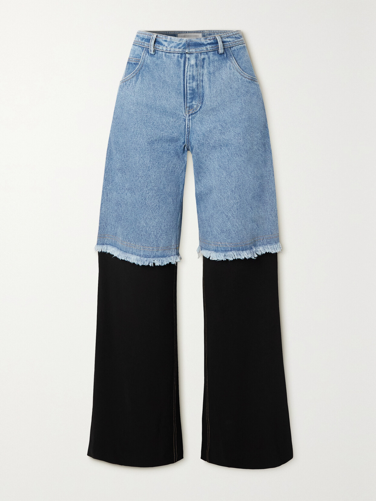 Christopher Esber Deconstruct Jersey-trimmed Frayed High-rise Straight-leg Jeans In Blue