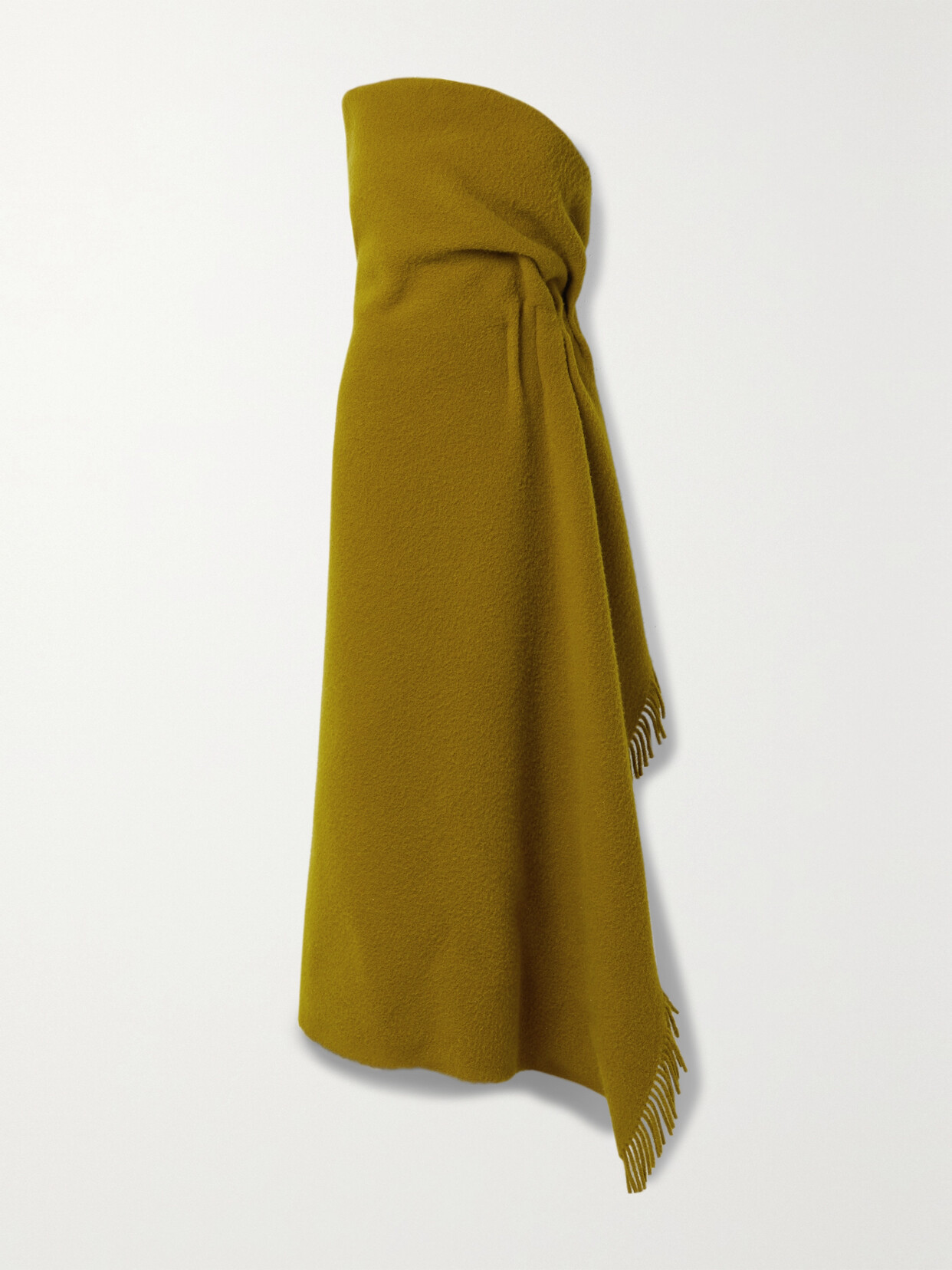 Shop The Row Arachne Strapless Fringed Gathered Wool And Mohair-blend Maxi Dress In Green