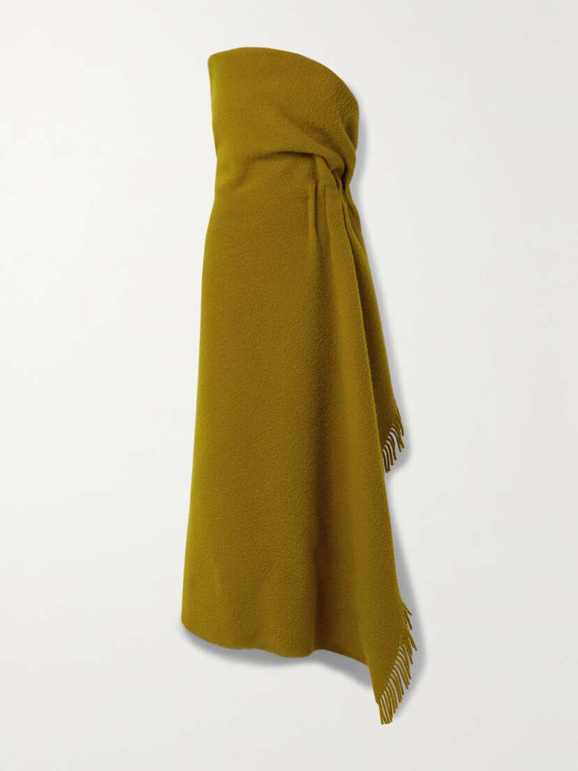 The Row Arachne Strapless Fringed Gathered Wool And Mohair-blend Maxi Dress