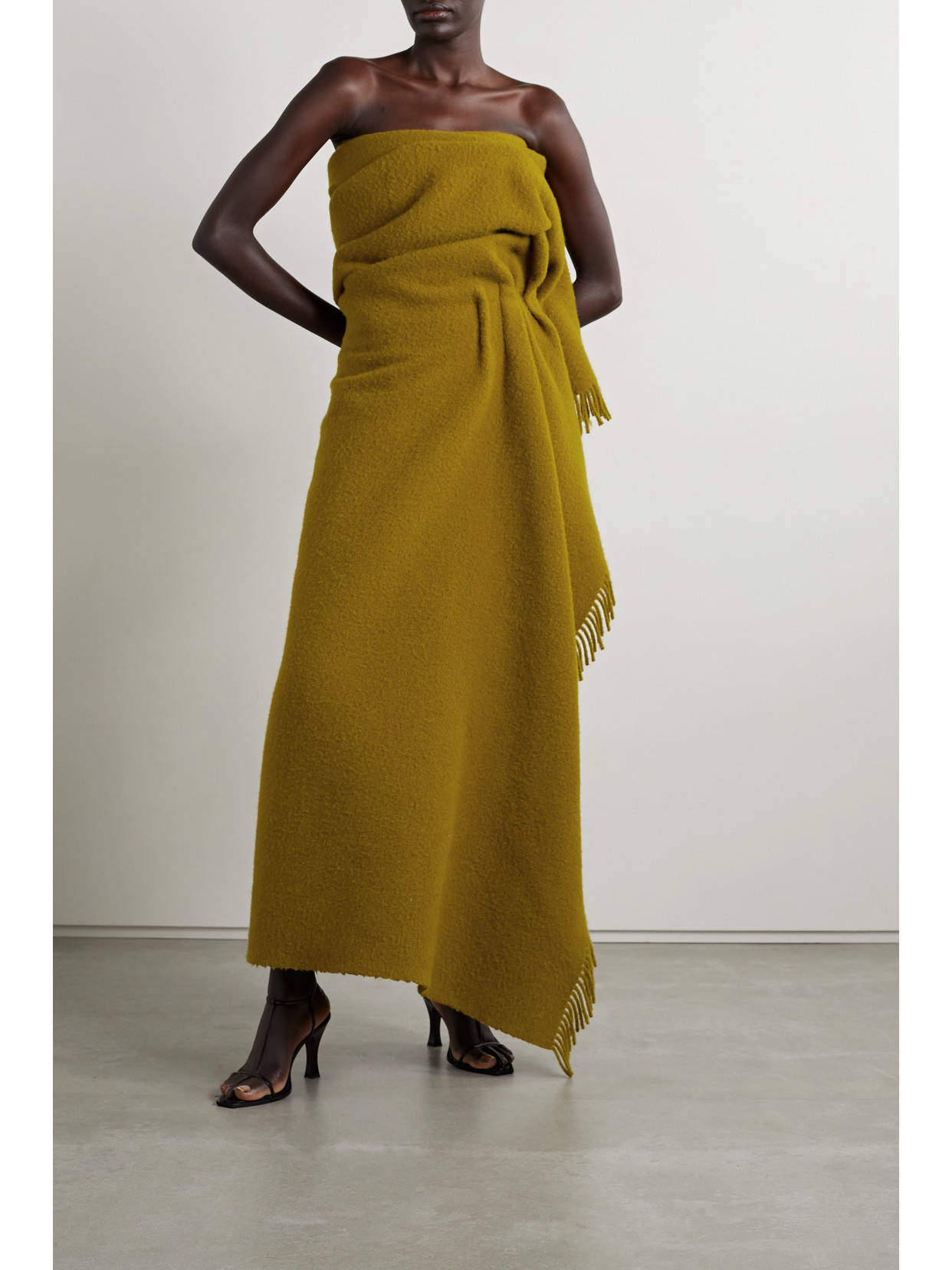 Shop The Row Arachne Strapless Fringed Gathered Wool And Mohair-blend Maxi Dress In Green