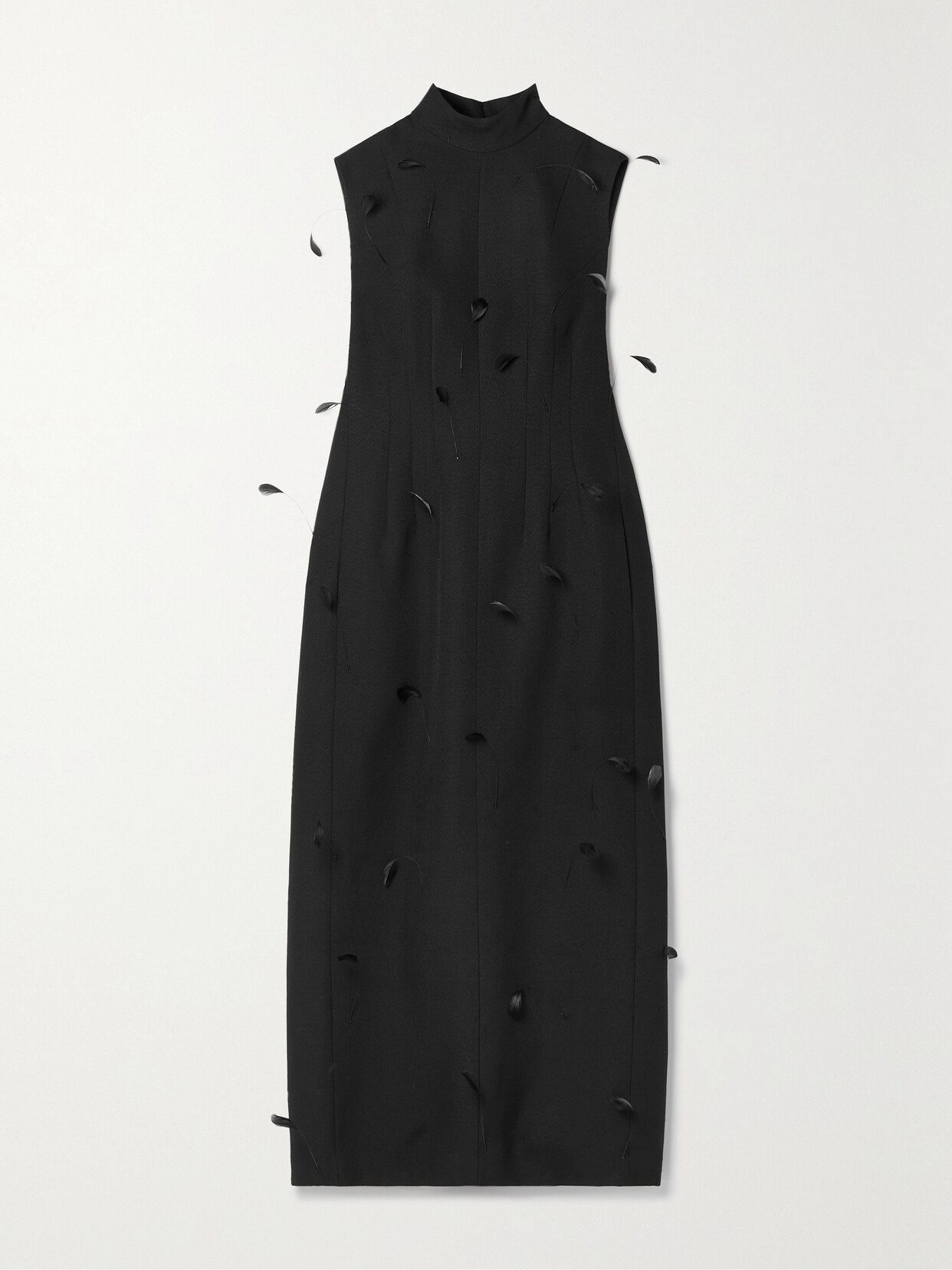 The Row Almi Feather-embellished Wool-blend Dress In Black