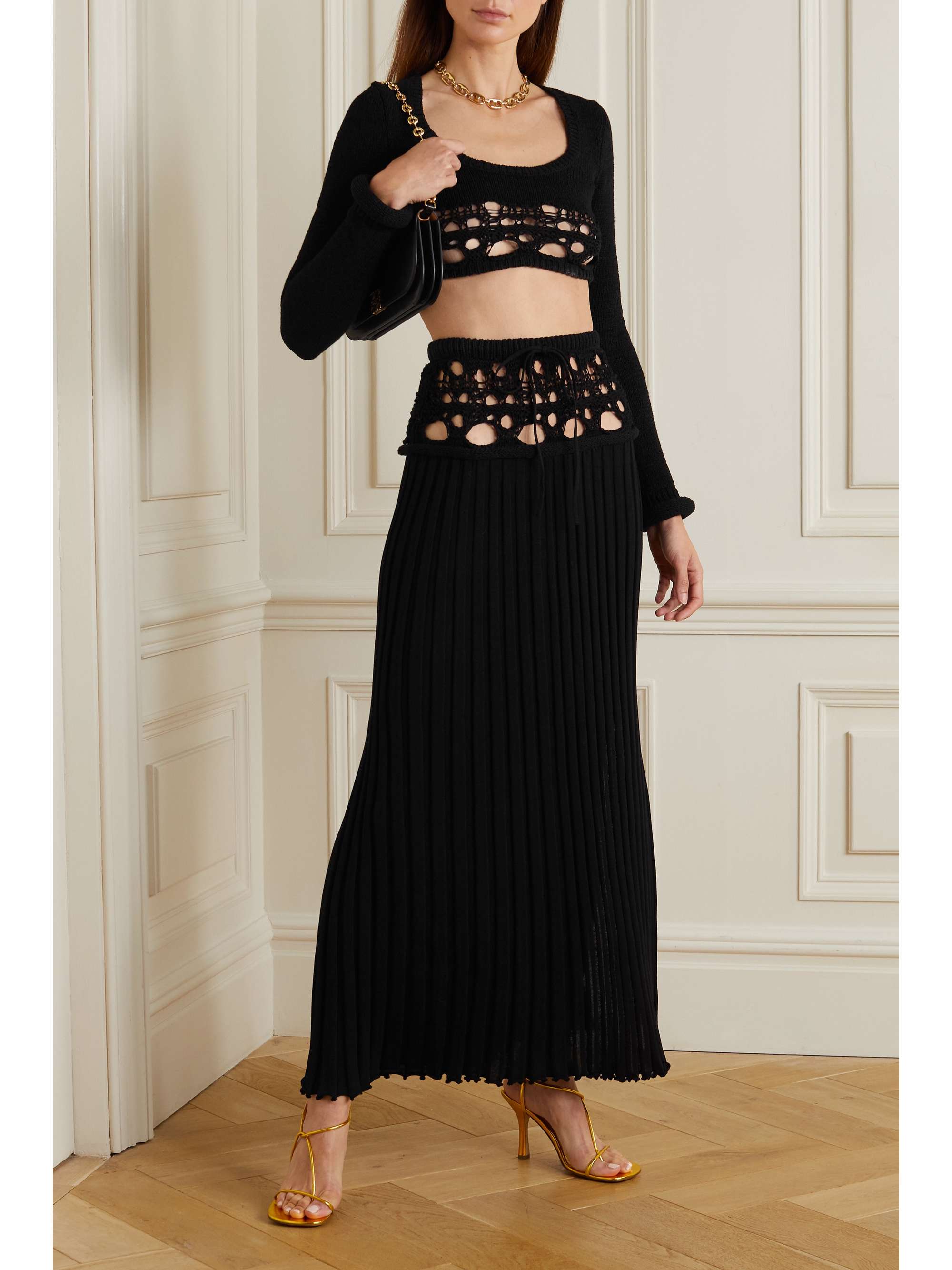 Black Cutout crochet-knit maxi skirt 