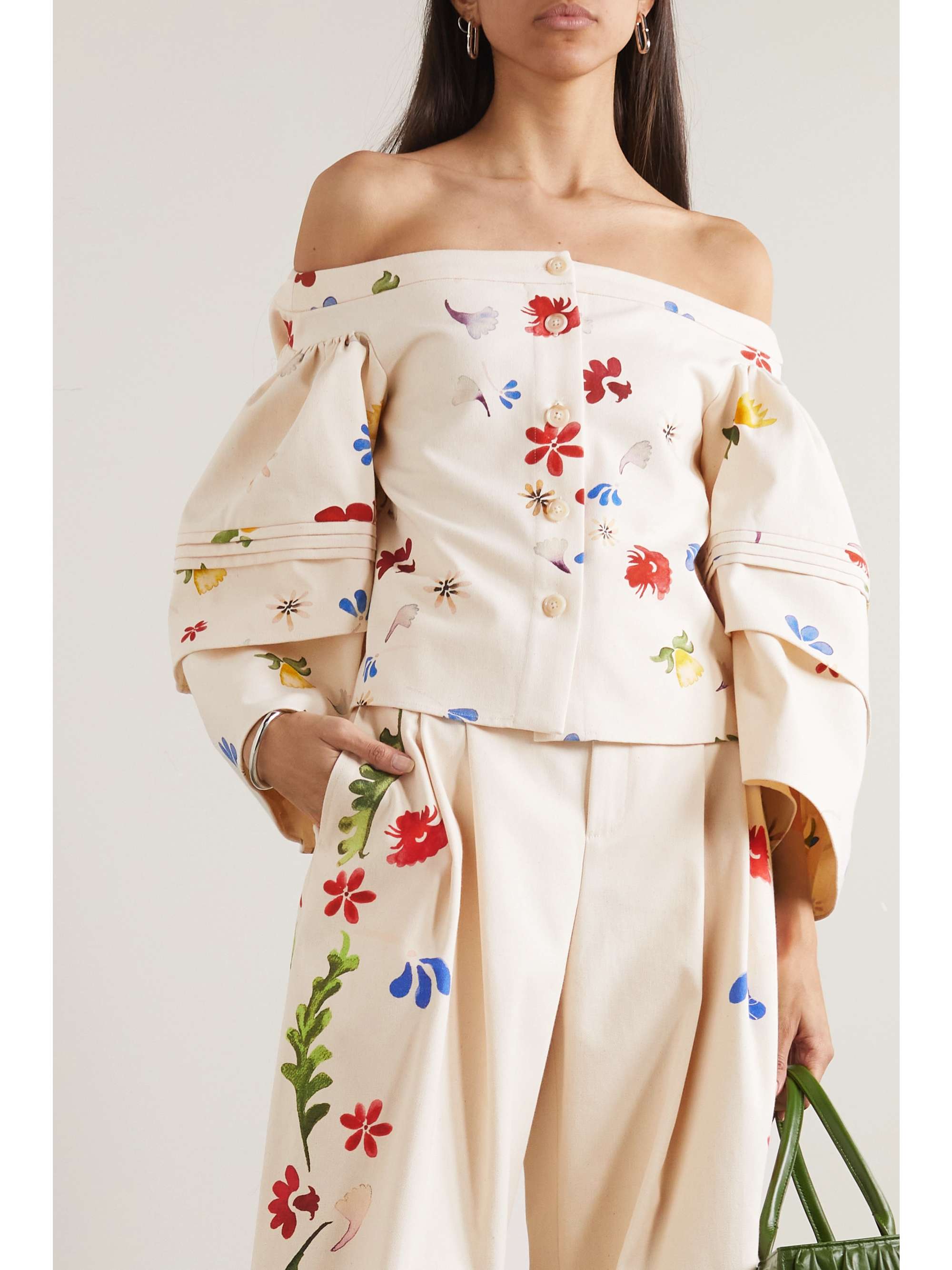ROSIE ASSOULIN Off-the-shoulder floral-print cotton-canvas top