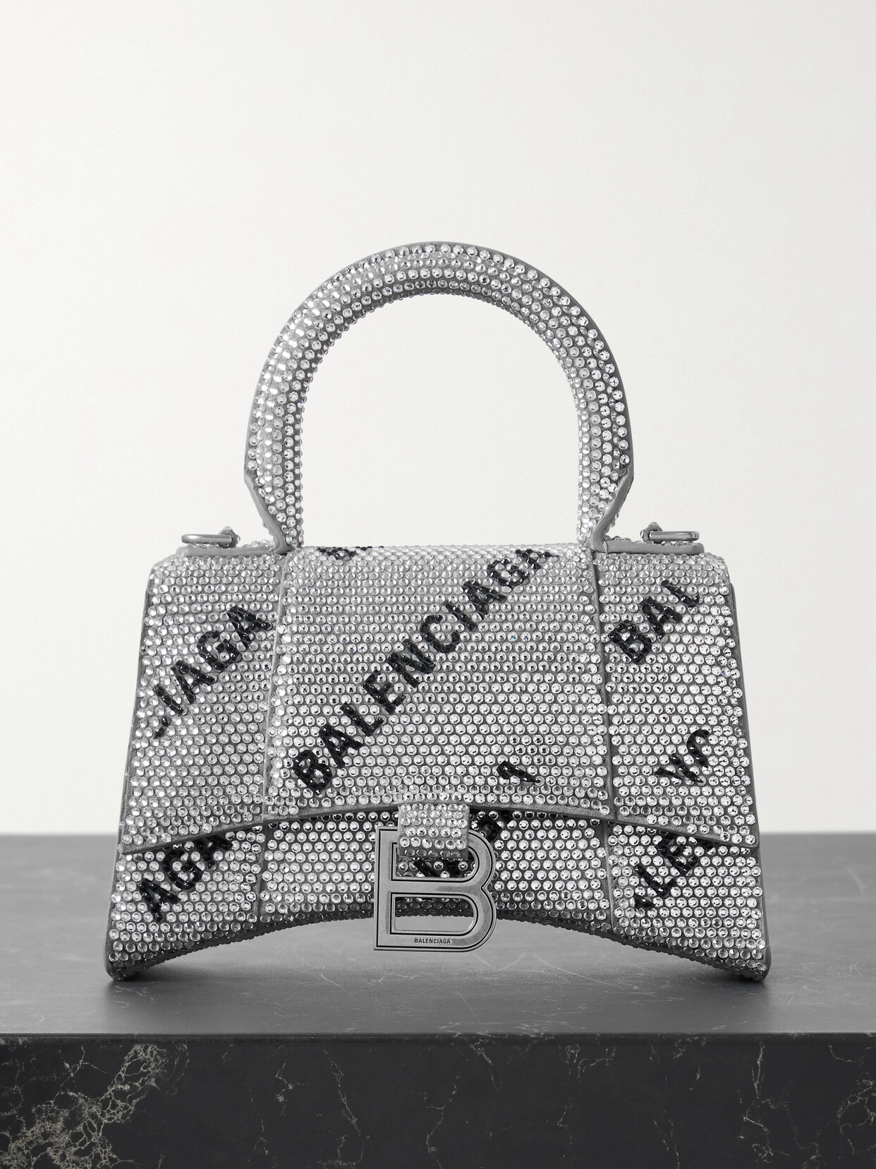 Balenciaga Hourglass Xs Crystal-embellished Felt Tote In Black