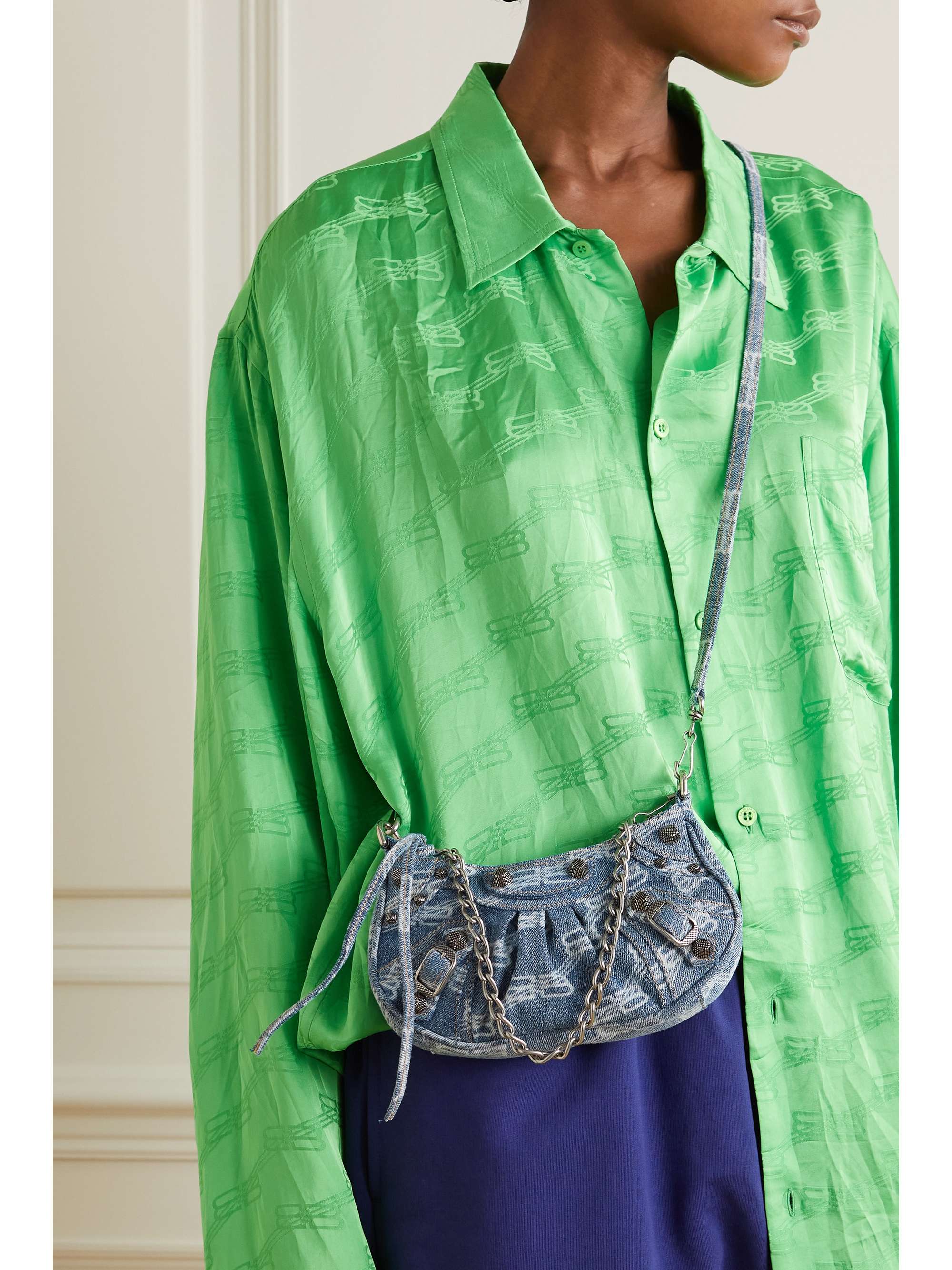 BALENCIAGA Le Cagole mini studded printed denim shoulder bag NETAPORTER