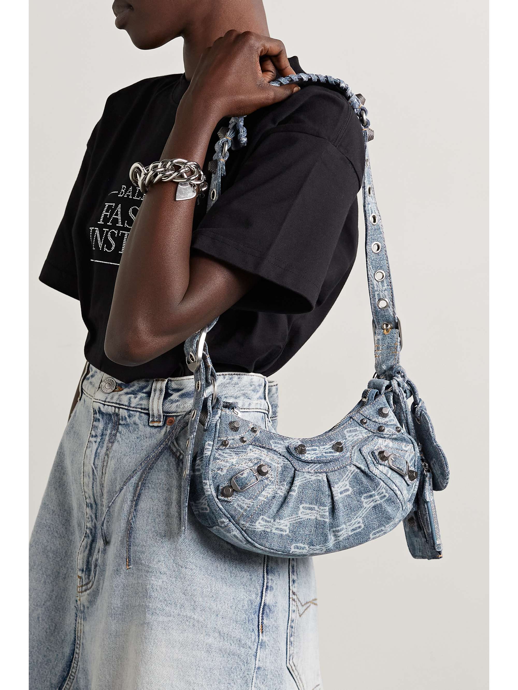 Le Cagole mini studded printed denim shoulder bag