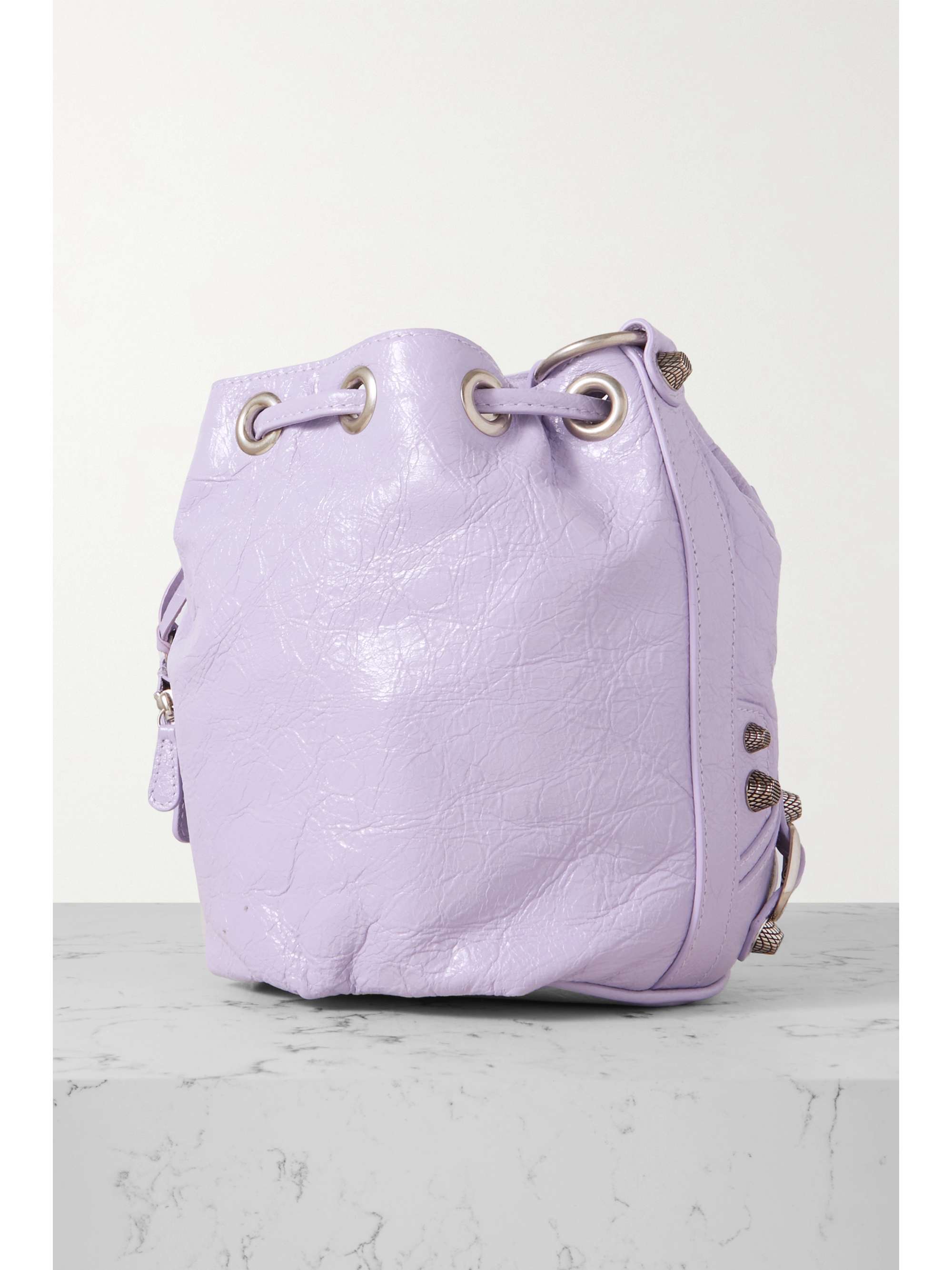 BALENCIAGA Le Cagole XS studded crinkled-leather bucket bag