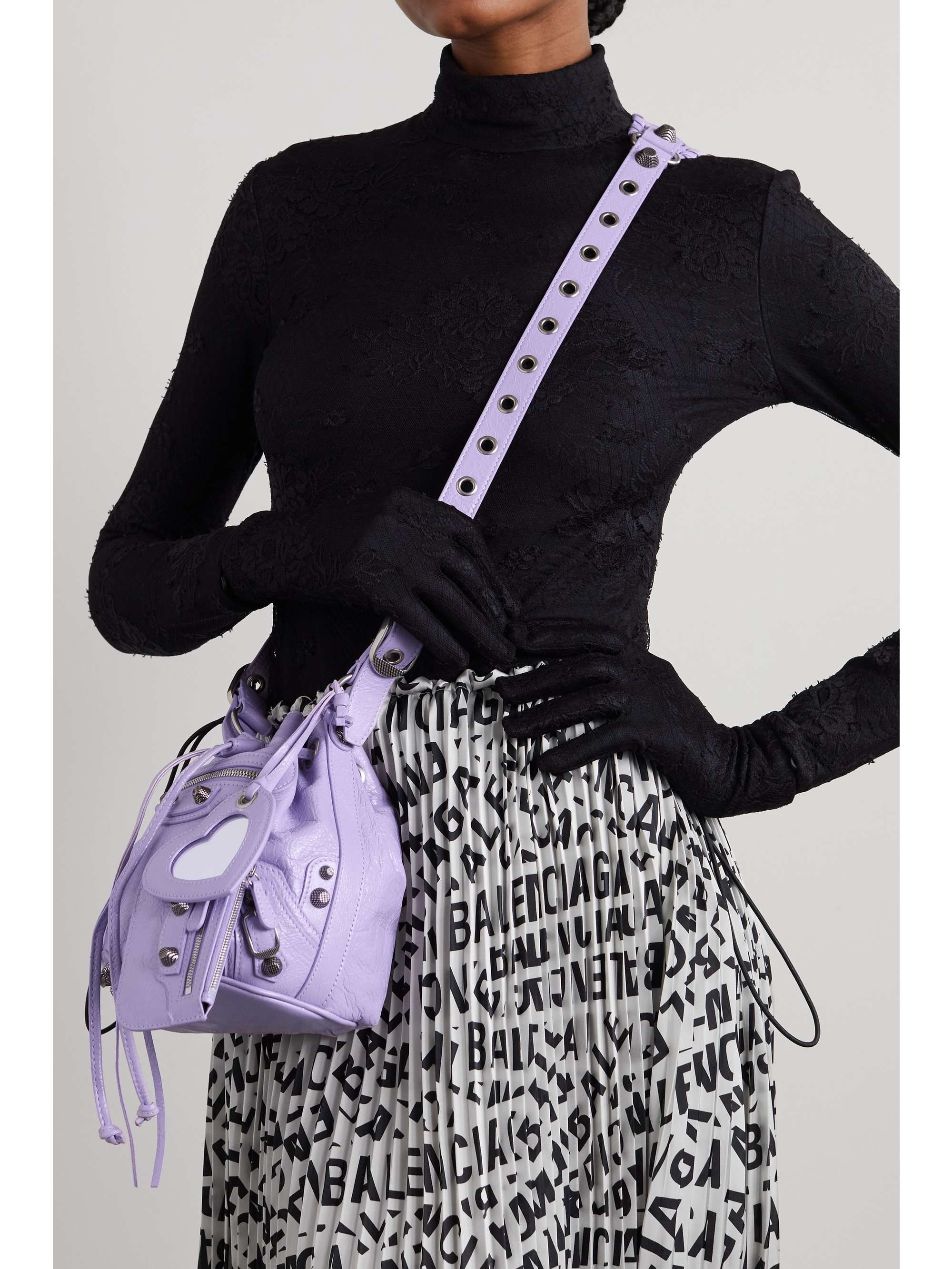 BALENCIAGA Le Cagole XS studded crinkled-leather bucket bag